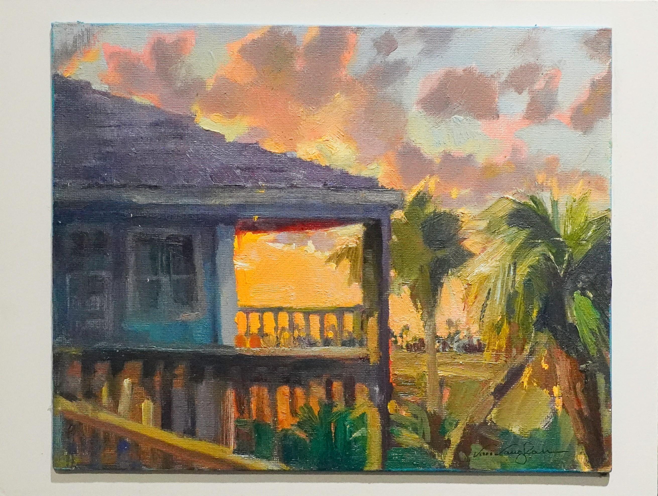 Coucher de soleil sur le porche 9x12 huile Lever de lune Coucher de soleil Sargent, Texas Nuages - Impressionnisme américain Painting par Virginia Vaughan 