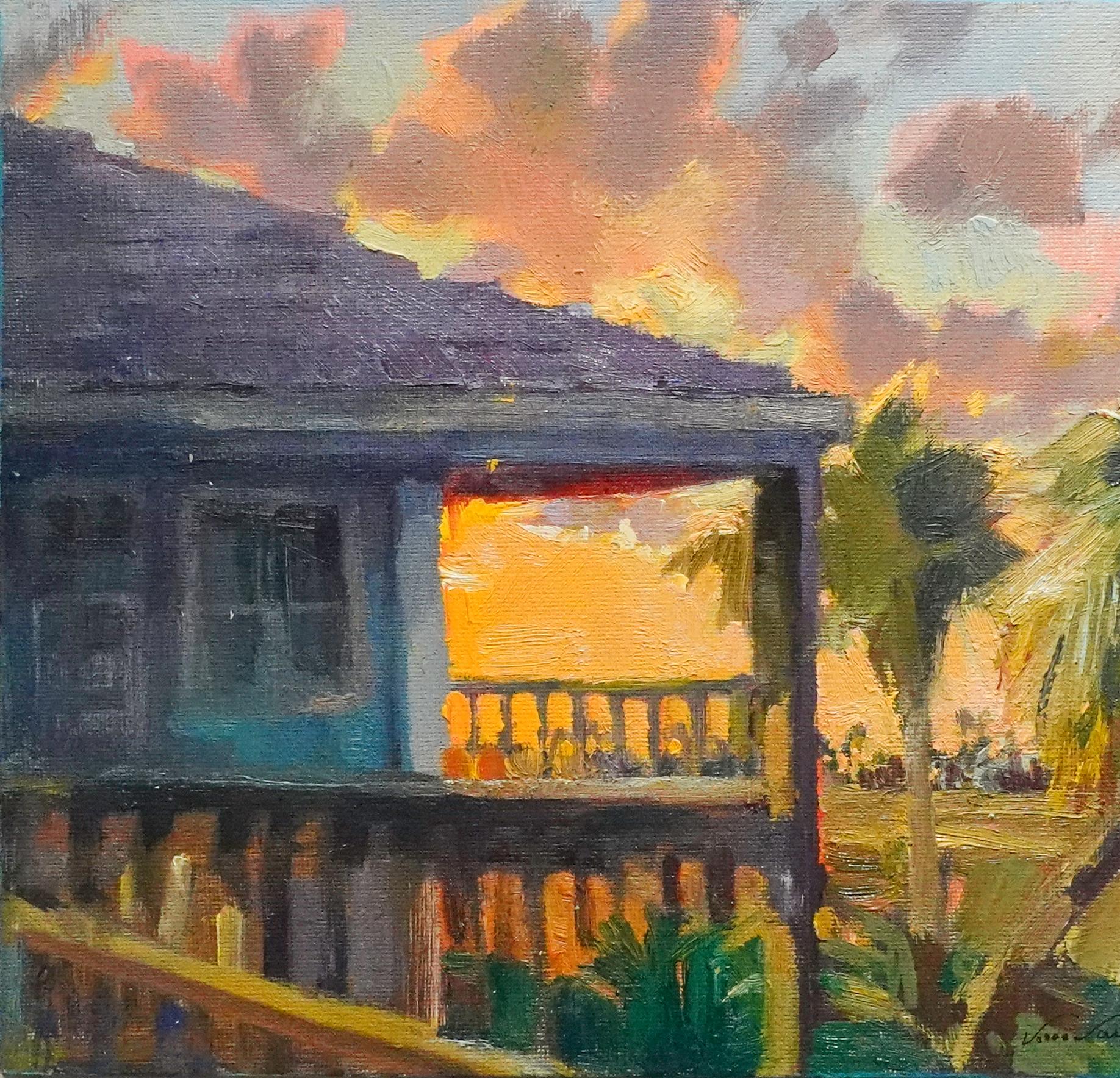 Coucher de soleil sur le porche 9x12 huile Lever de lune Coucher de soleil Sargent, Texas Nuages - Marron Landscape Painting par Virginia Vaughan 