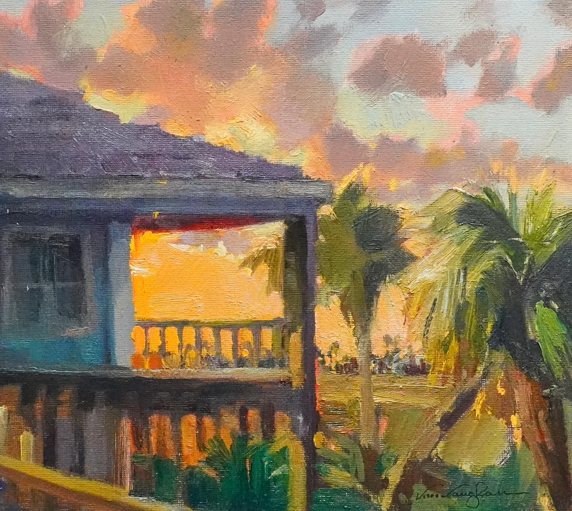 Coucher de soleil sur le porche 9x12 huile Lever de lune Coucher de soleil Sargent, Texas Nuages en vente 1