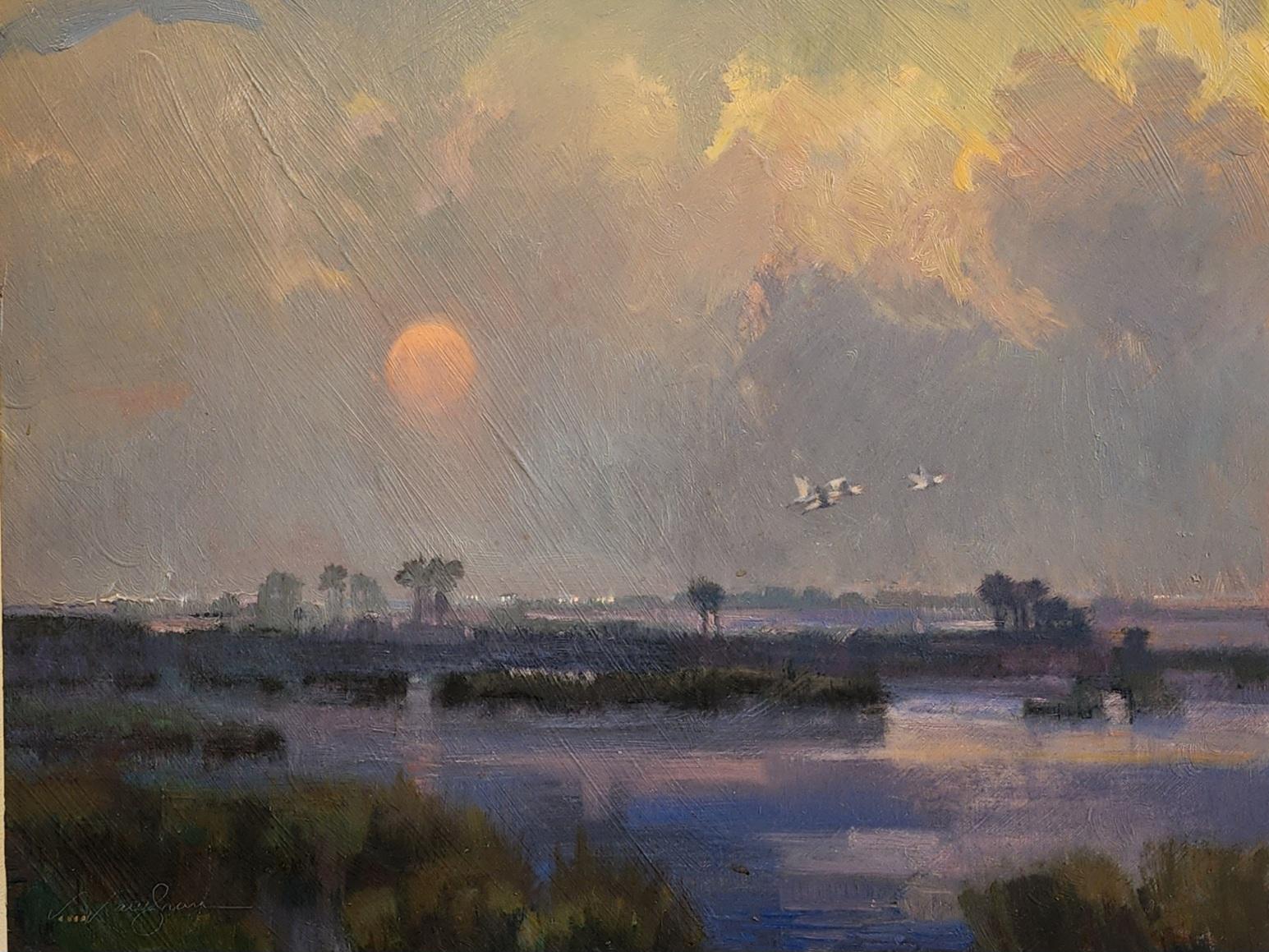 The Calm before Hurricane Harvey Impressionism  Rockport Texas Gulf Coast Sea - Brown Landscape Painting by Virginia Vaughan 