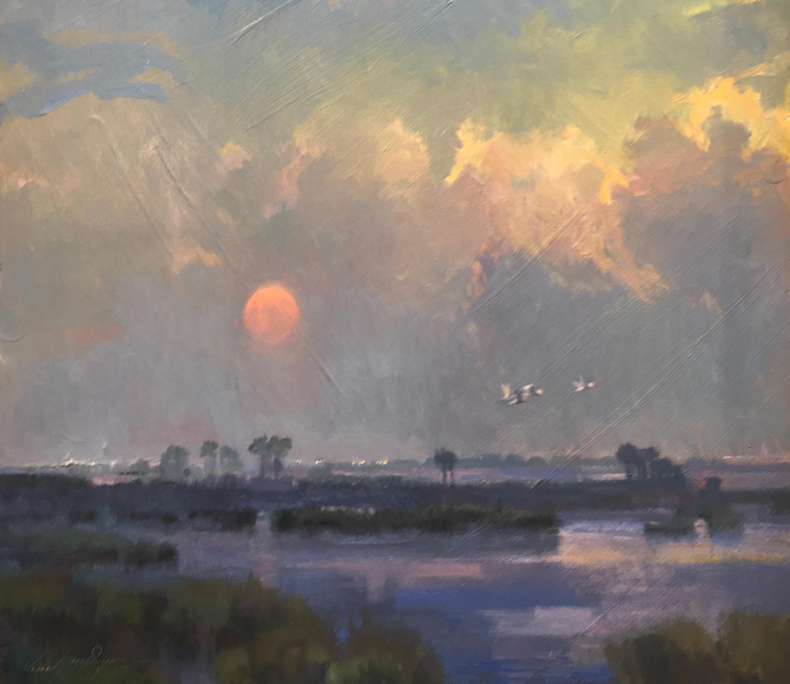 The Calm before Harvey  shows the landscape of the Gulf Coast of Texas before Hurricane Harvey. Hurricane Harvey destroyed the Gulf Coast of Texas. Before that Harvey by V....Vaughan has an Impressionistic Style as seen in many of Virginia Vaughan's