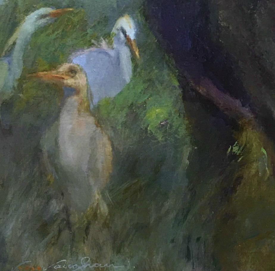With Few Egrets, Texas Cattle, Impressionism Texas Ranches, Texas Artist, No Egrets - American Impressionist Painting by Virginia Vaughan 
