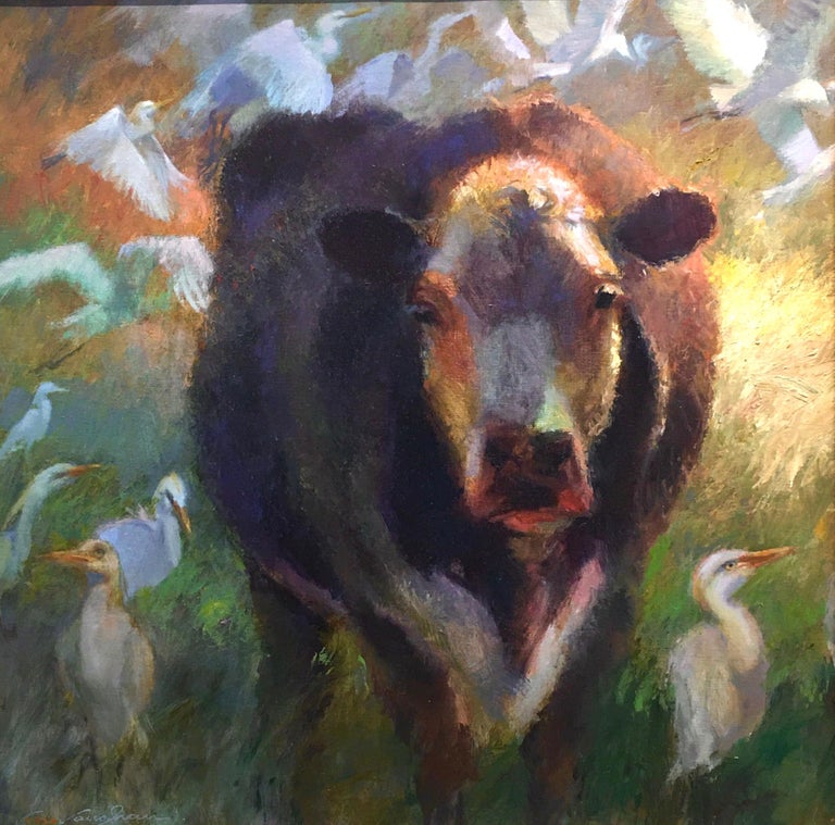 Virginia Vaughan  Animal Painting - With Few Egrets,Texas Cattle,Impressionism Texas Ranches,Texas Artist,No Egrets