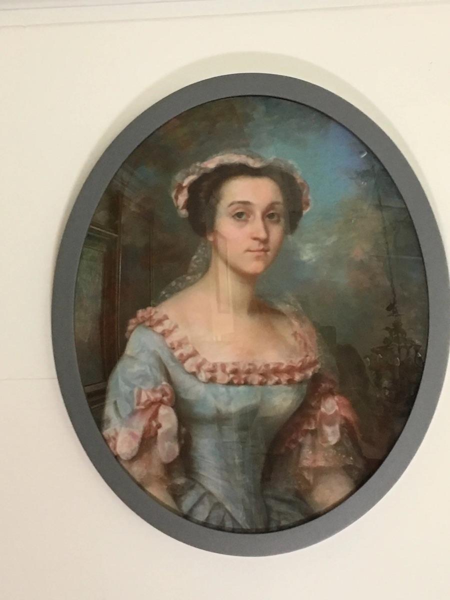 19th century French pastel portrait of a brown-eyed young woman in a blue dress with lace, pink details, set against a blue sky and wooded background. Signed and dated 1889 (circa 1880), Signed Gie? Fagard very likely Virginie Fagard, French 19th