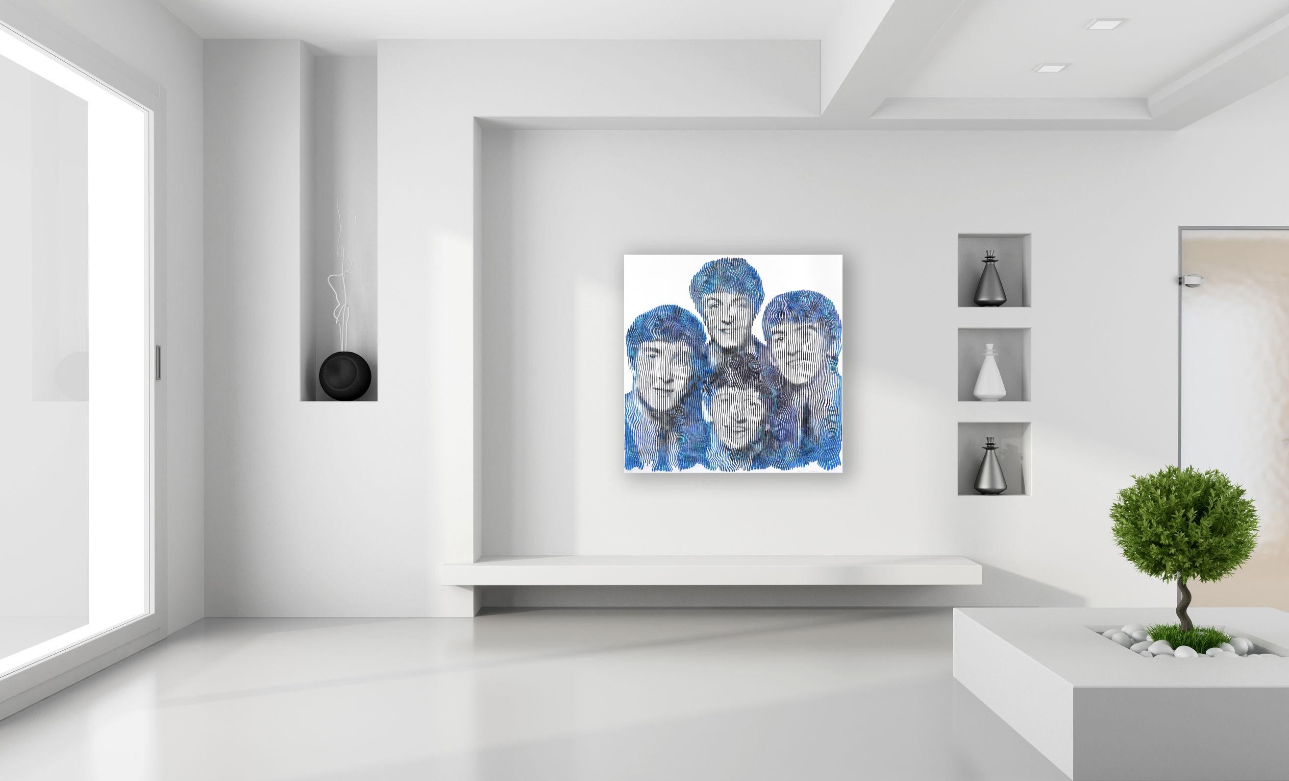 Juntos: La historia de The Beatles -  Gran Pintura Figurativa Abstracta 3D Azul - Painting de Virginie Schroeder