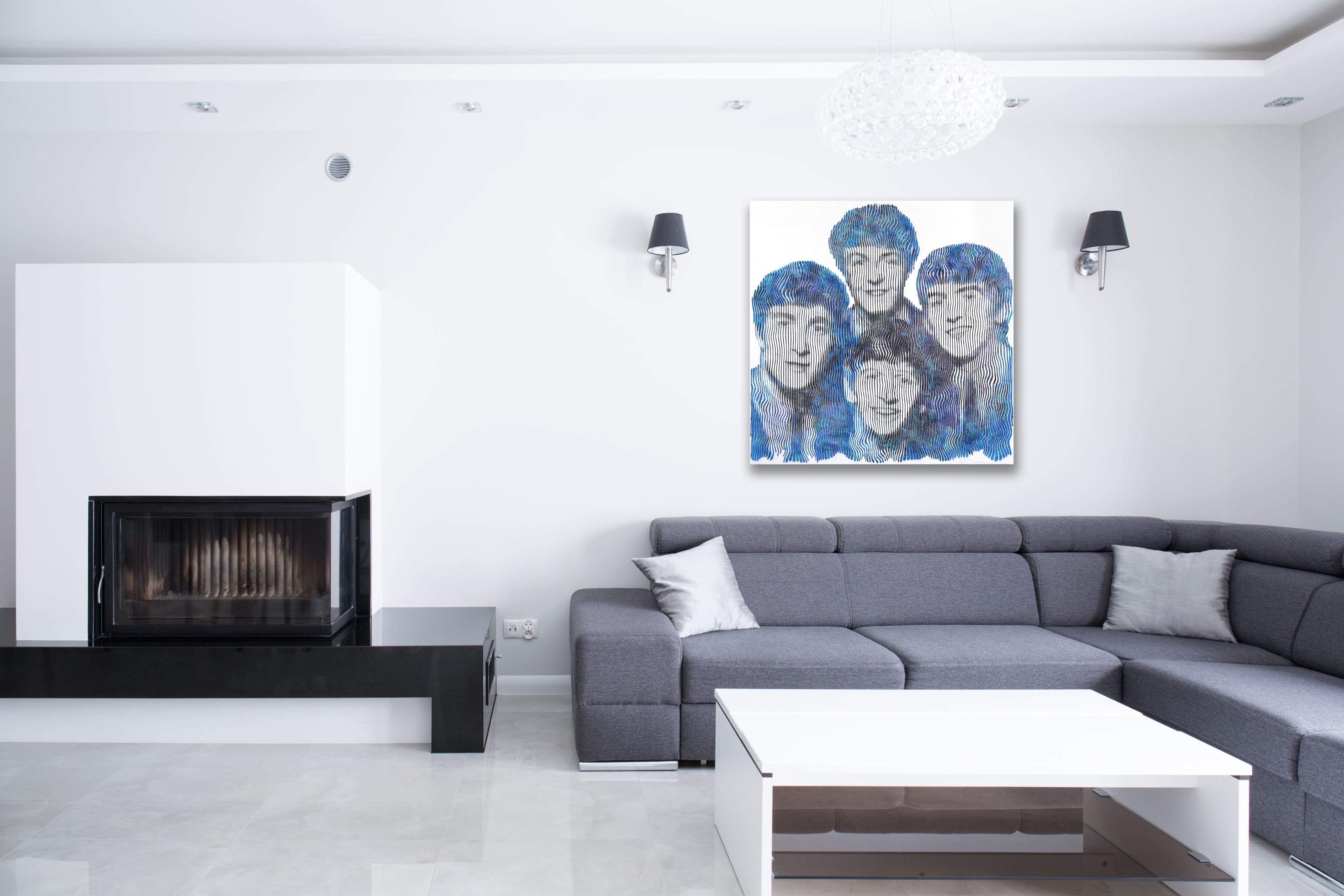 Juntos: La historia de The Beatles -  Gran Pintura Figurativa Abstracta 3D Azul en venta 2