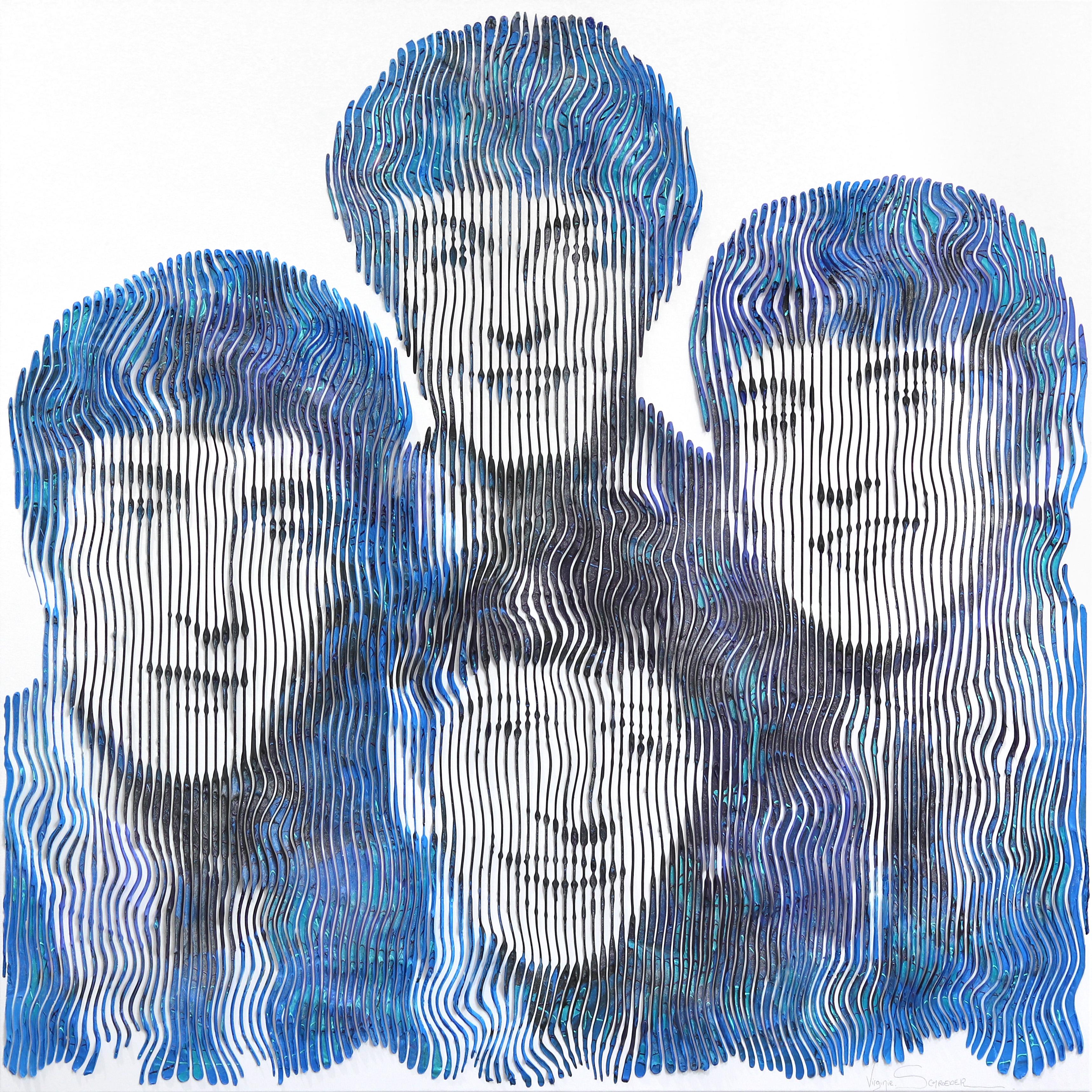 Figurative Painting de Virginie Schroeder - Juntos: La historia de The Beatles -  Gran Pintura Figurativa Abstracta 3D Azul