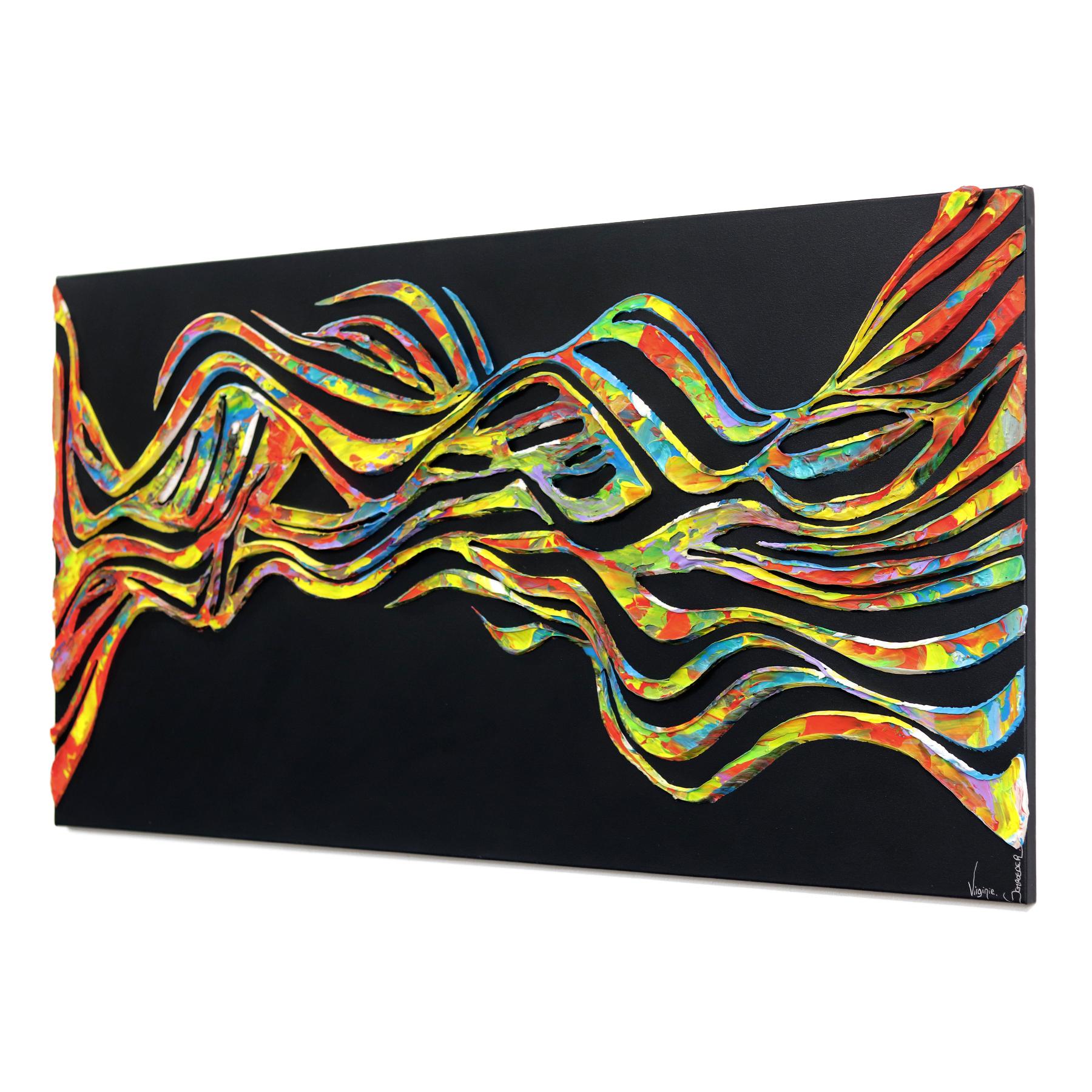 La danza cosmica collega ogni cosa nell'universo - Pittura astratta 3D testurizzata - Abstract Painting Nero di Virginie Schroeder