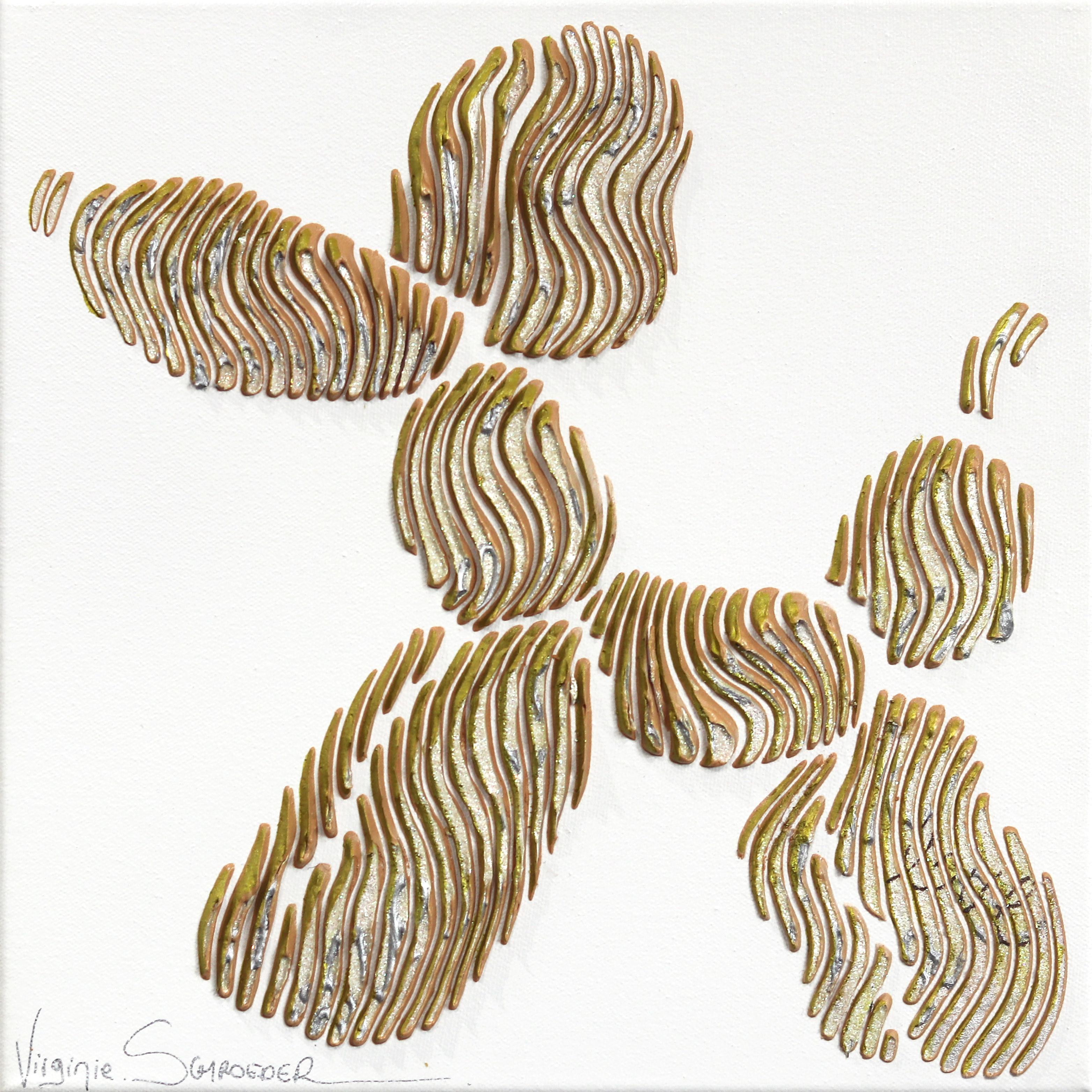 Virginie Schroeder Animal Painting - Gold and Beige Dog Balloon - Minimalist Abstract 3D Textural Painting