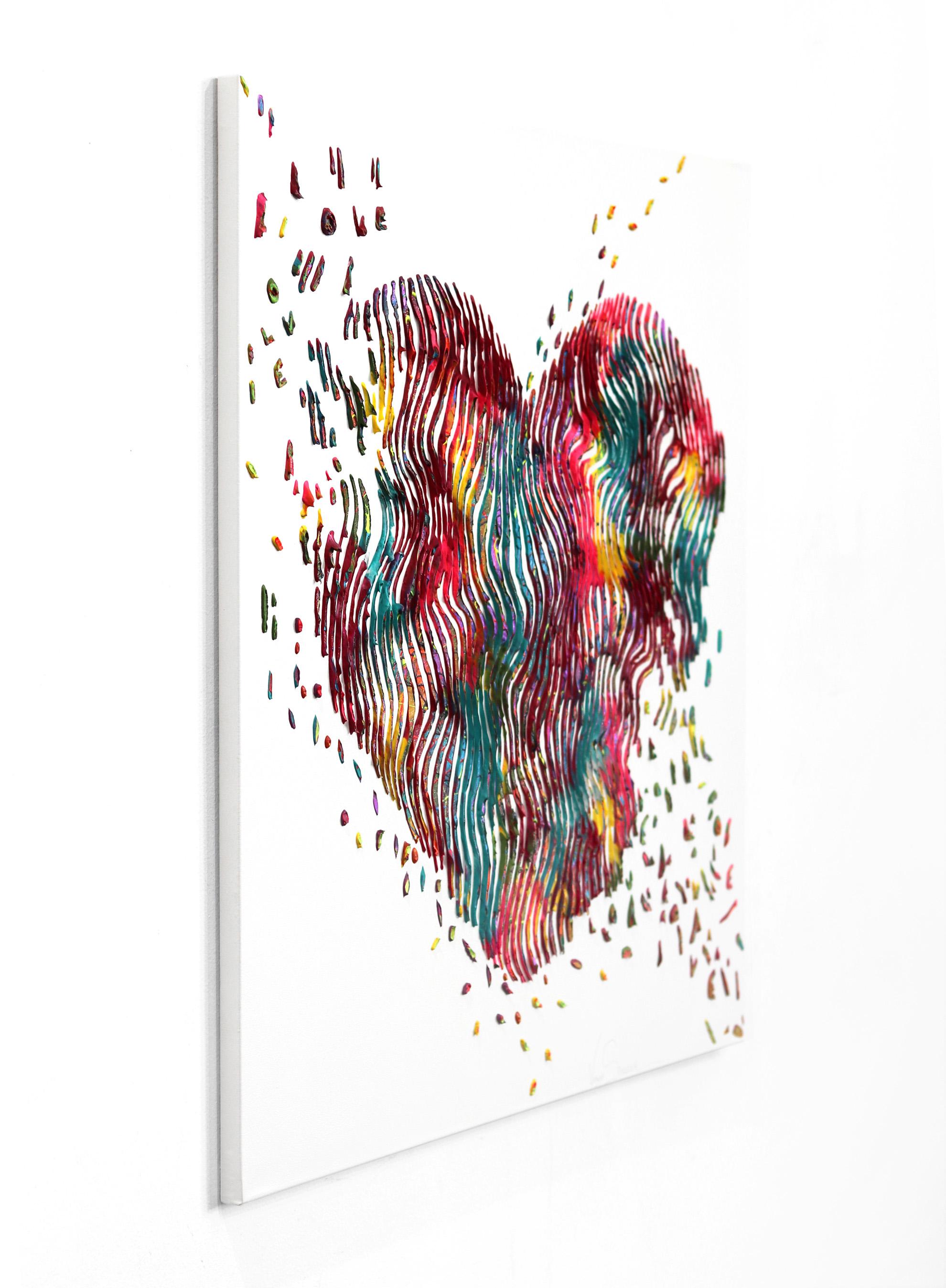 Heart Love Glow In The Dark Day - (Amour de cœur)  Peinture carrée texturée en forme de cœur coloré - Beige Figurative Painting par Virginie Schroeder