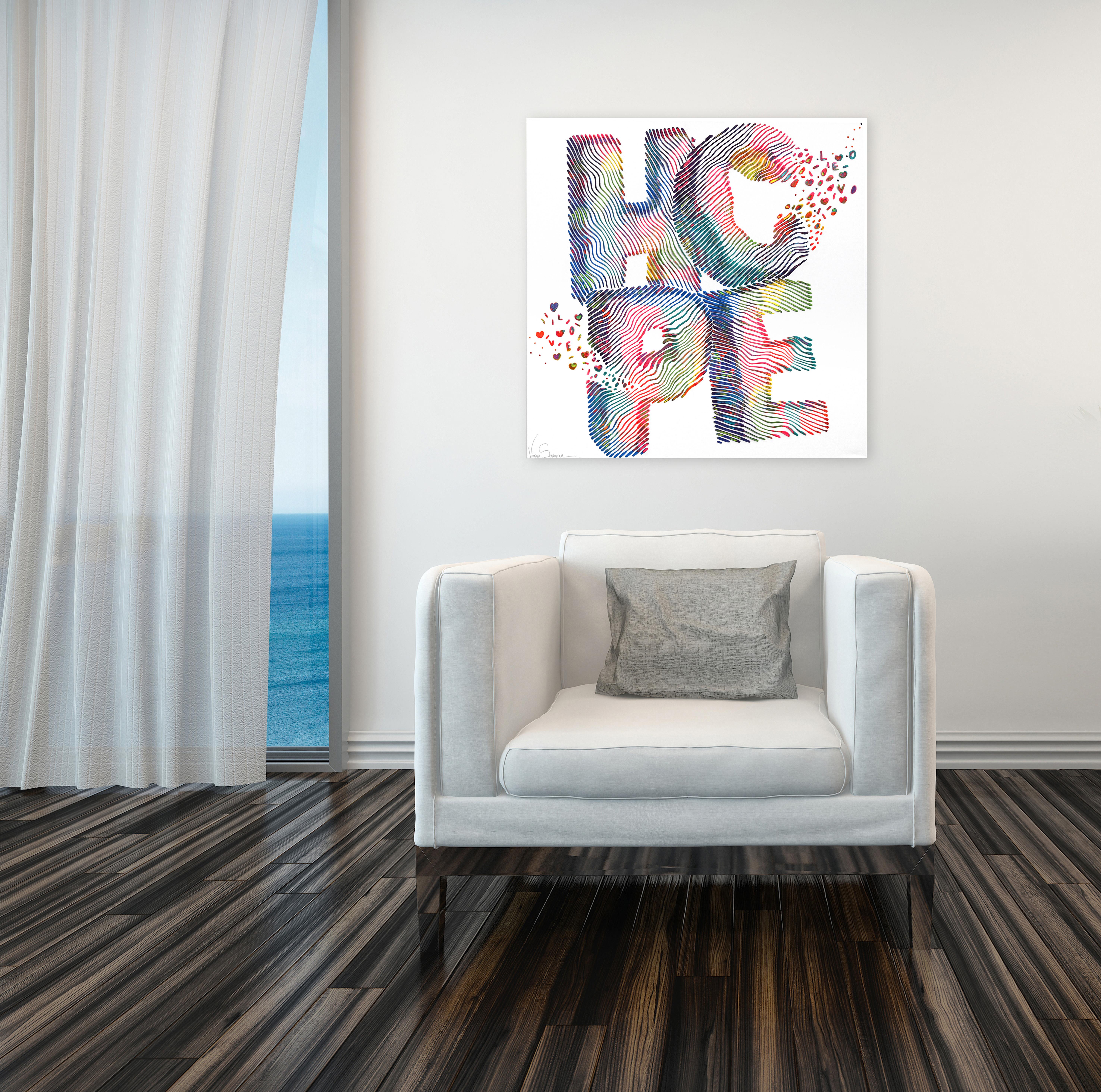 Hope Love Explosion - Pintura mural original en 3D con textura Hope Colorful Text en venta 1