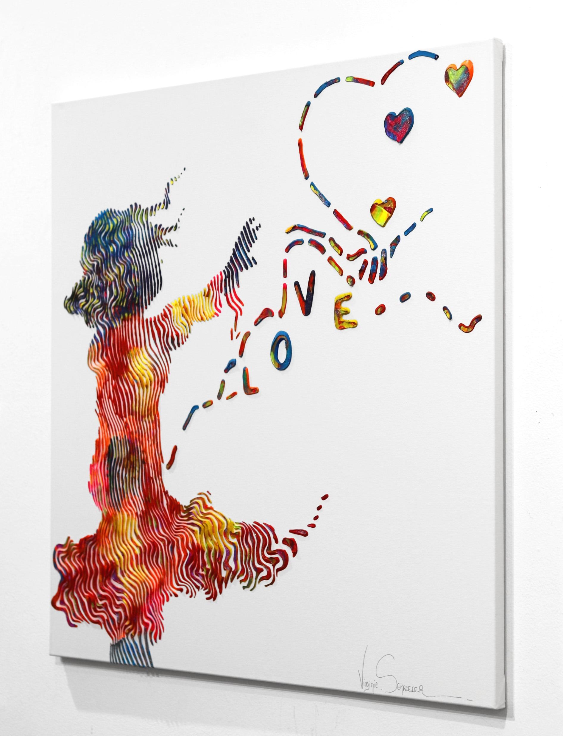 La bambina con l'esplosione di palloncini d'amore - Pittura originale di figura con texture - Figurative Painting Grigio di Virginie Schroeder