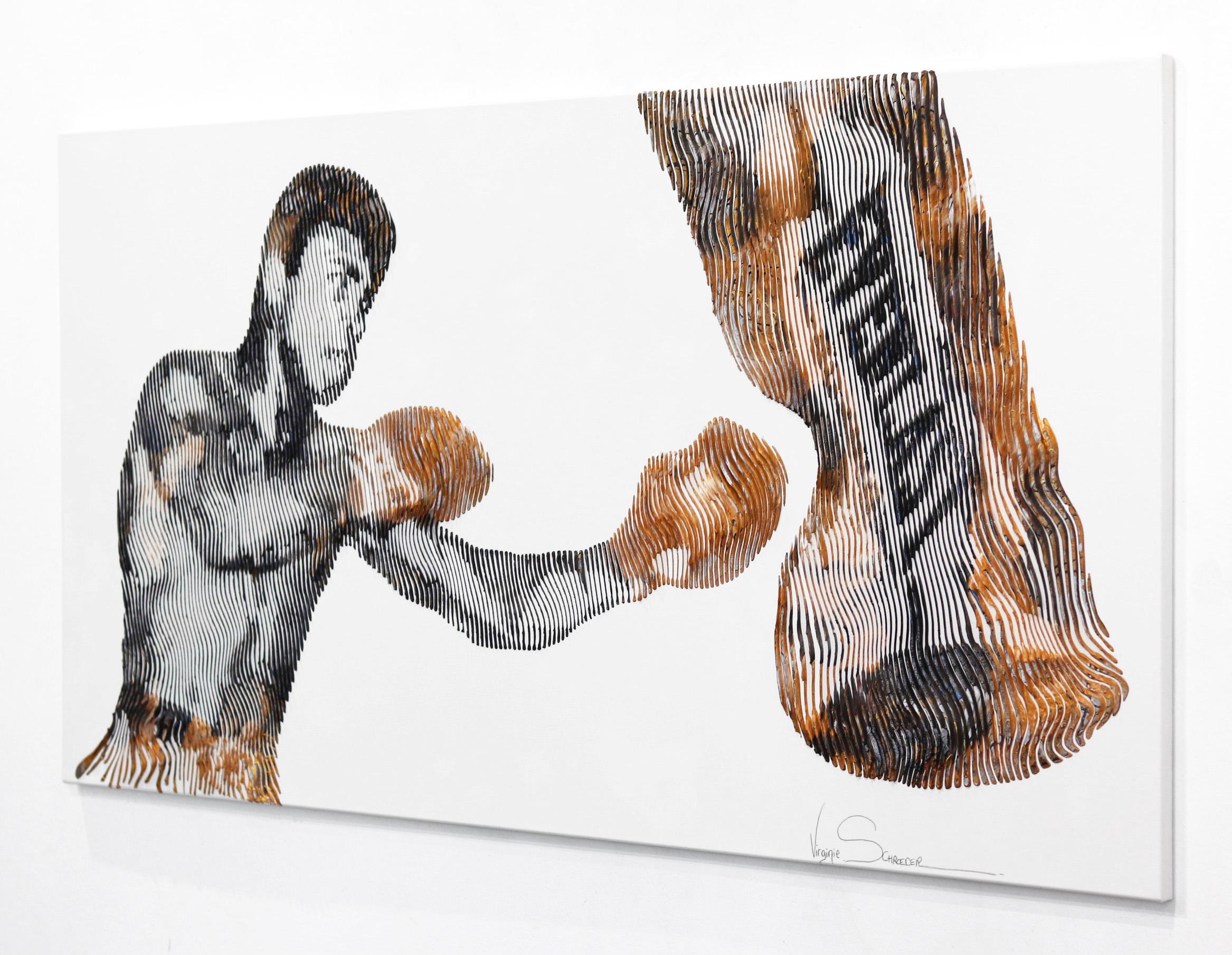 Muhammad Ali: La leyenda de mis sueños - Obra de arte figurativa original de deportes - Figurative Painting Gris de Virginie Schroeder