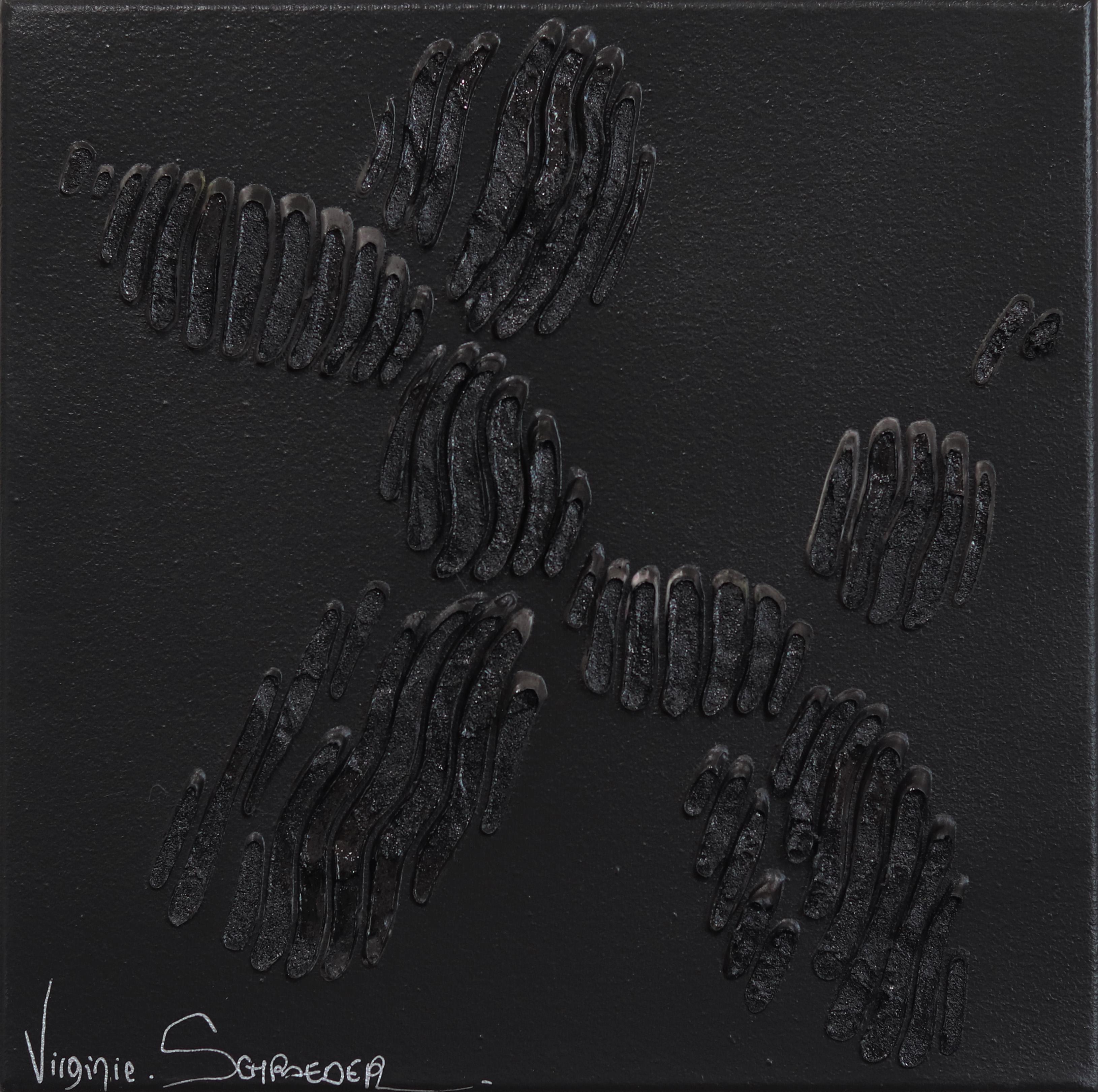 Virginie Schroeder Abstract Painting – The Black Dog Balloon - Minimalistisches abstraktes 3D-Gemälde in Schwarz mit strukturierter Textur