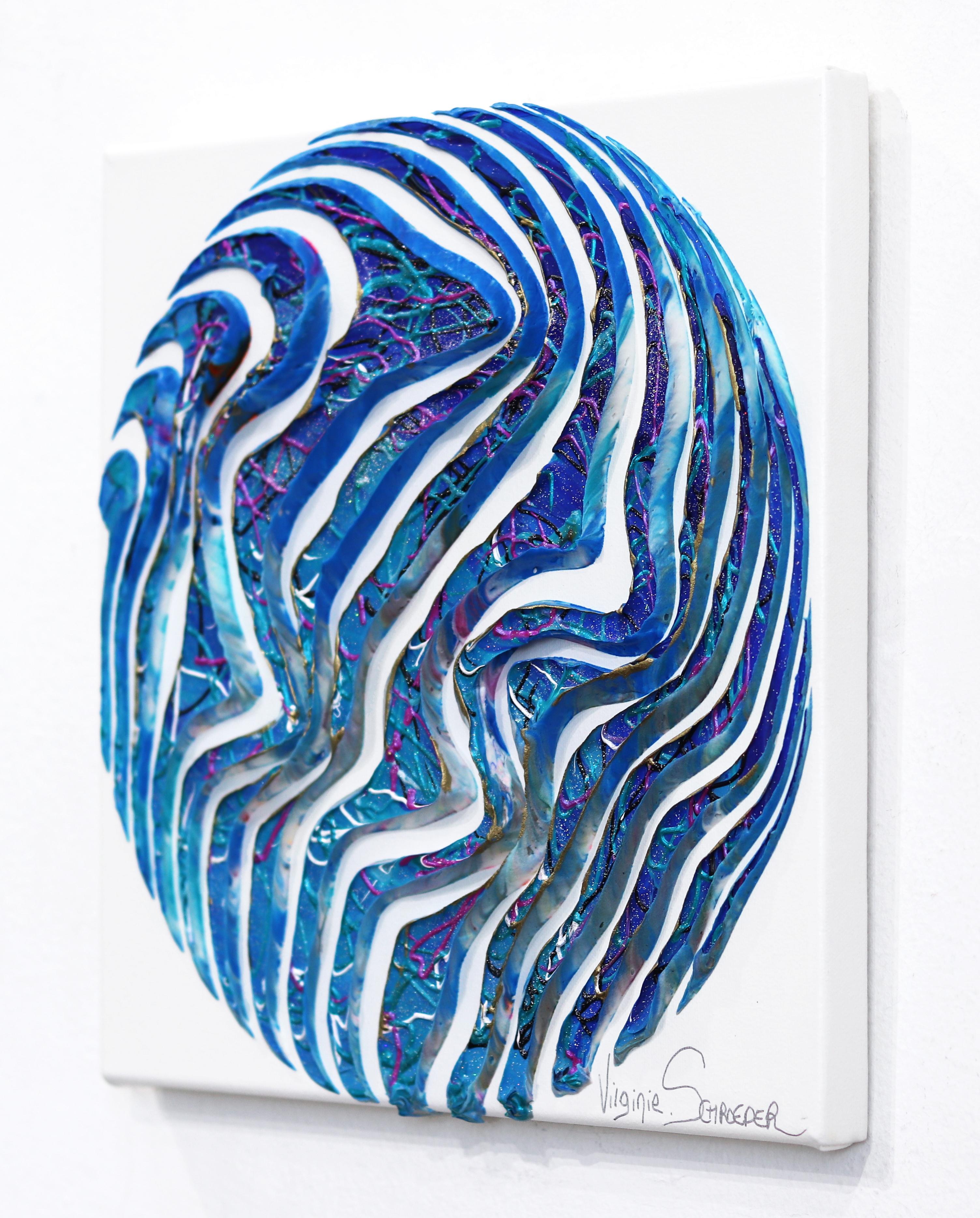 The Waves and the Life - Minimalistisches abstraktes 3D-Gemälde mit strukturiertem blauem Kreis im Angebot 1
