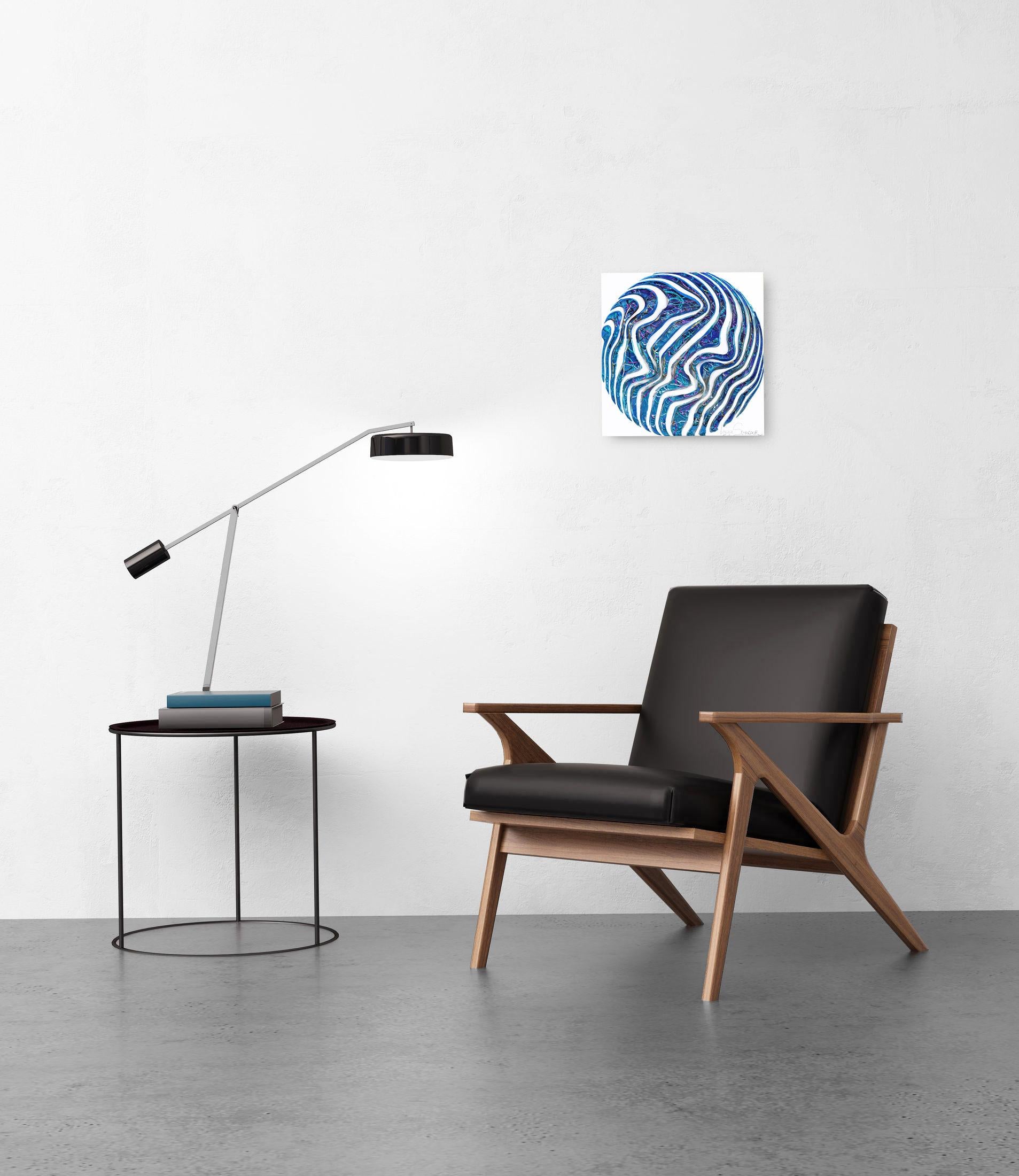 The Waves and the Life - Minimalistisches abstraktes 3D-Gemälde mit strukturiertem blauem Kreis im Angebot 3