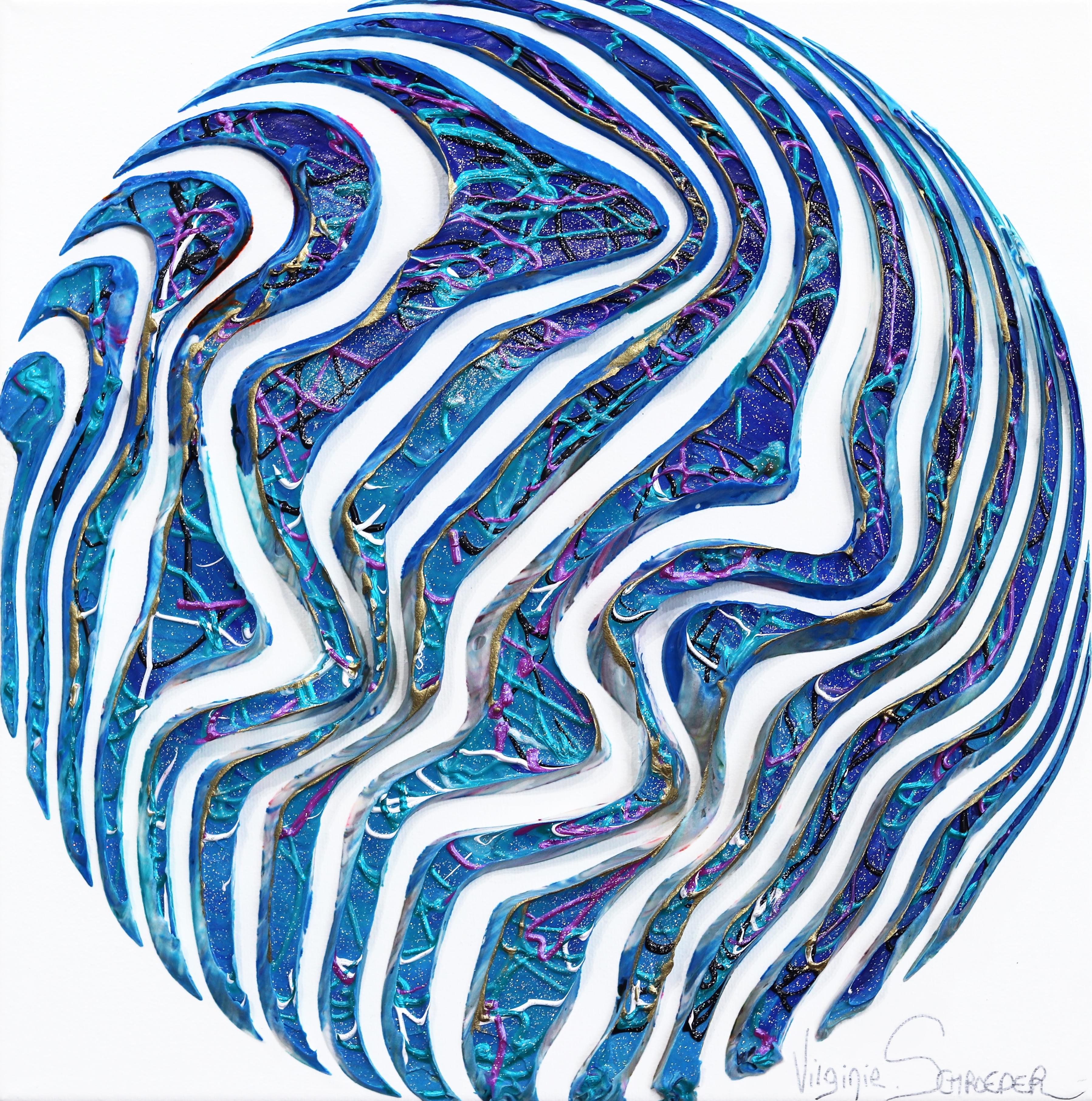 The Waves and the Life - Minimalist Abstract 3D Textural Blue Circle Painting - Art by Virginie Schroeder