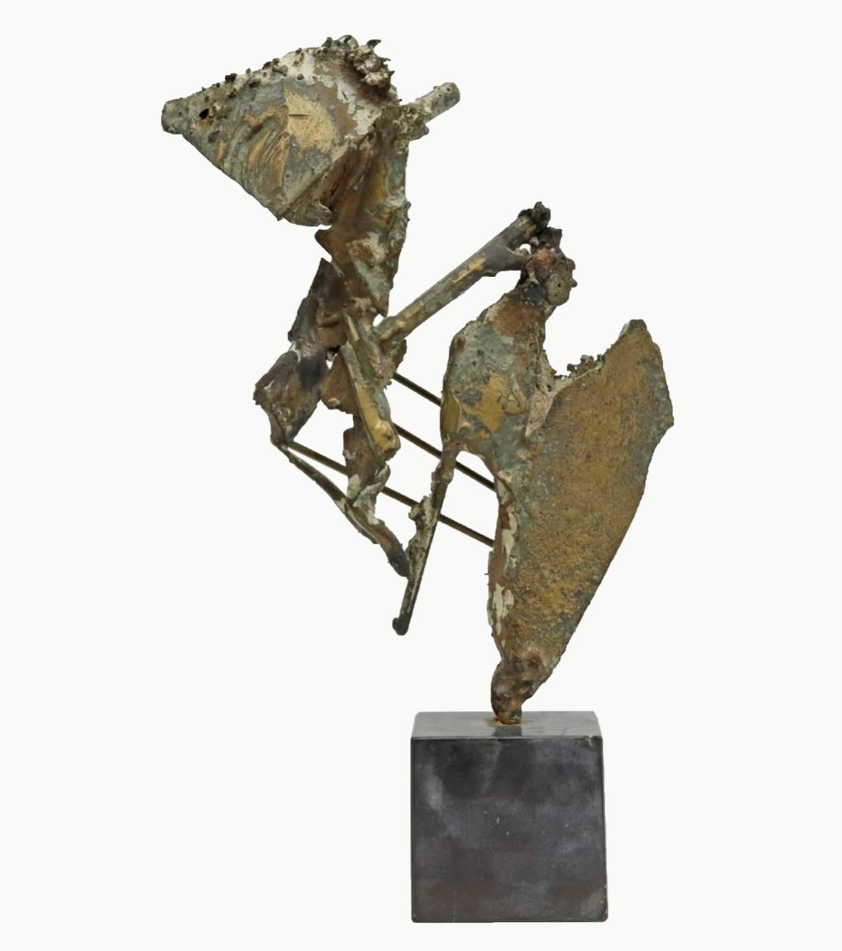 Form and movement in this Brutalist bronze sculpture by Virginio Ferrari. Welded abstract form on a stone plinth. Signed plaque. Dated 1964. Italian.

Virginio L. Ferrari(b.1937) is an internationally acclaimed contemporary sculptor, who has