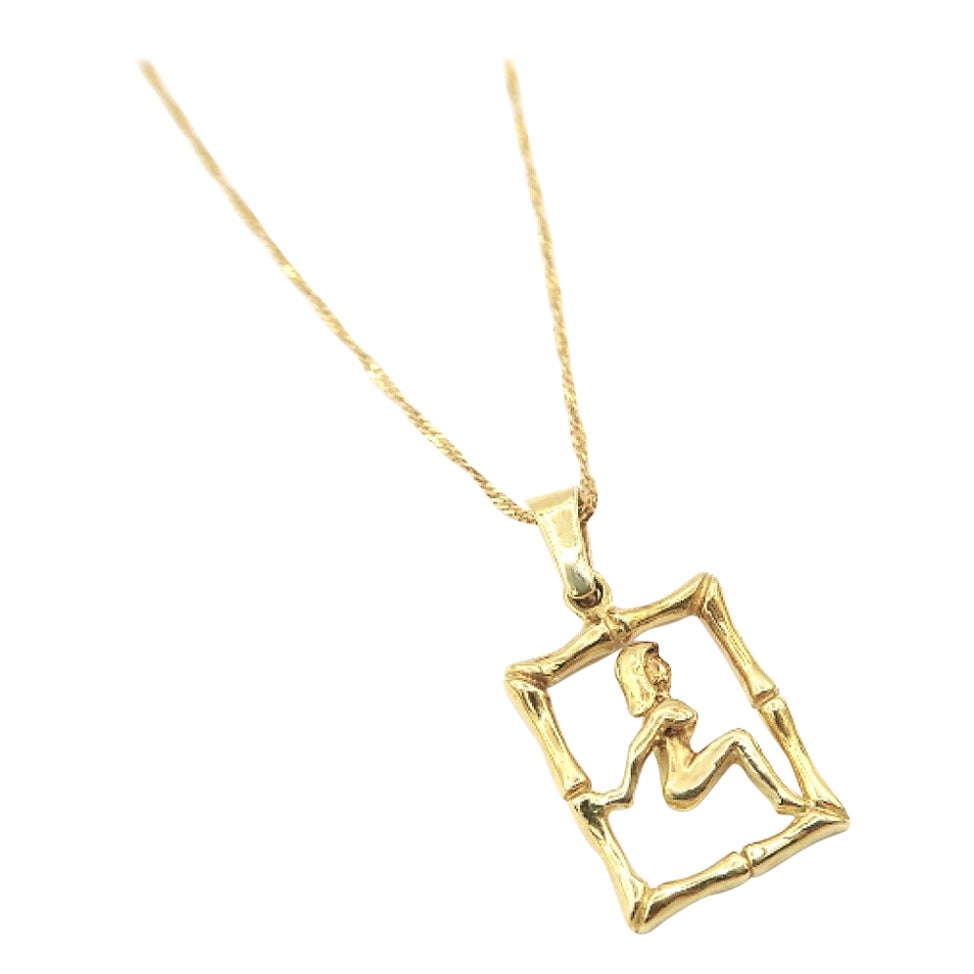 Virgo Zodiac 18K Yellow Gold Charm Pendant and Singapore Rope Chain Necklace For Sale