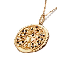 Virgo Zodiac Charm Necklace, Lucky Stone is Diamond and Sapphire 14K Yellow Gold