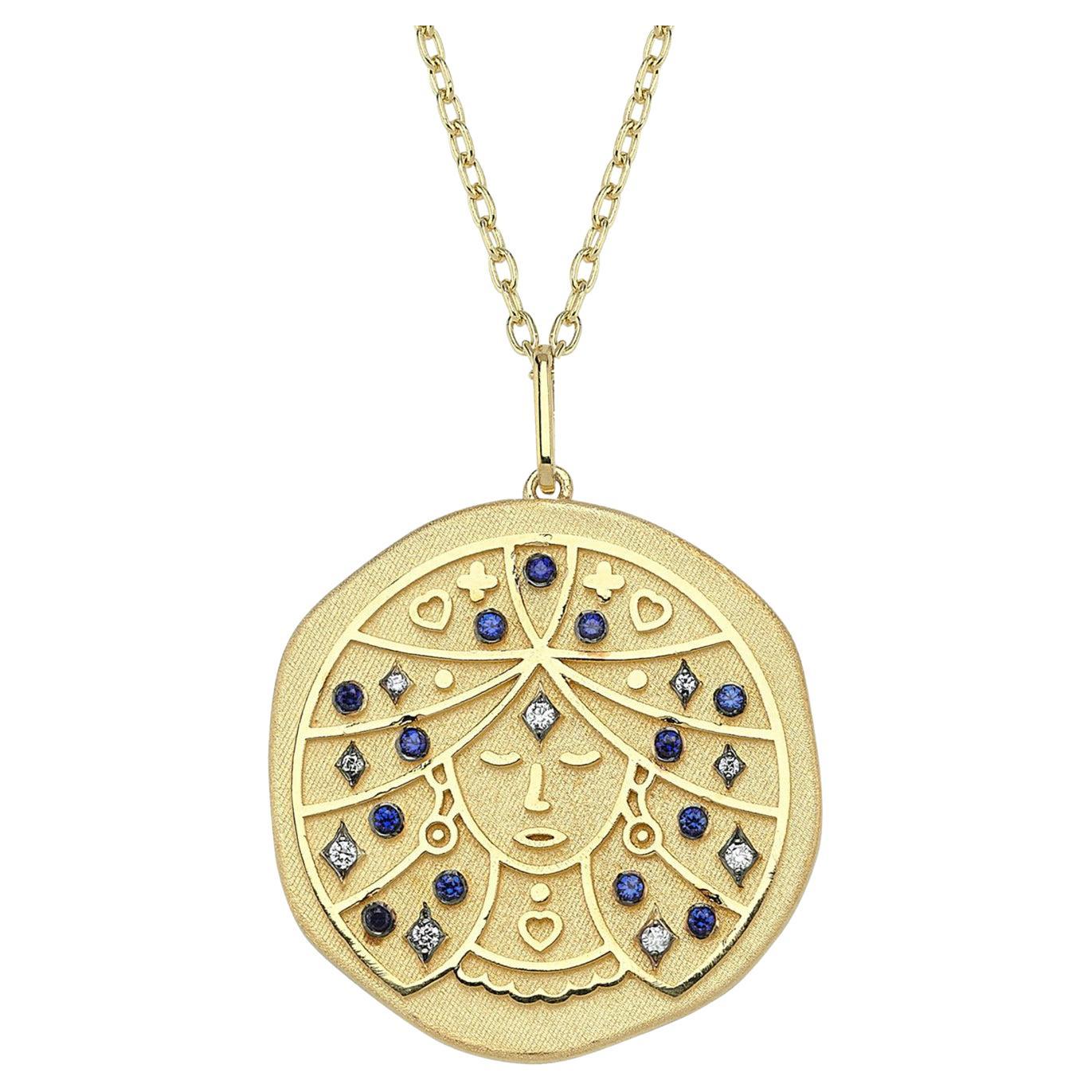 Virgo Zodiac Charm Necklace, Lucky Stone is Diamond and Sapphire 14K Yellow Gold For Sale