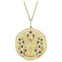 Virgo Zodiac Charm Necklace, Lucky Stone is Diamond and Sapphire 14K Yellow Gold