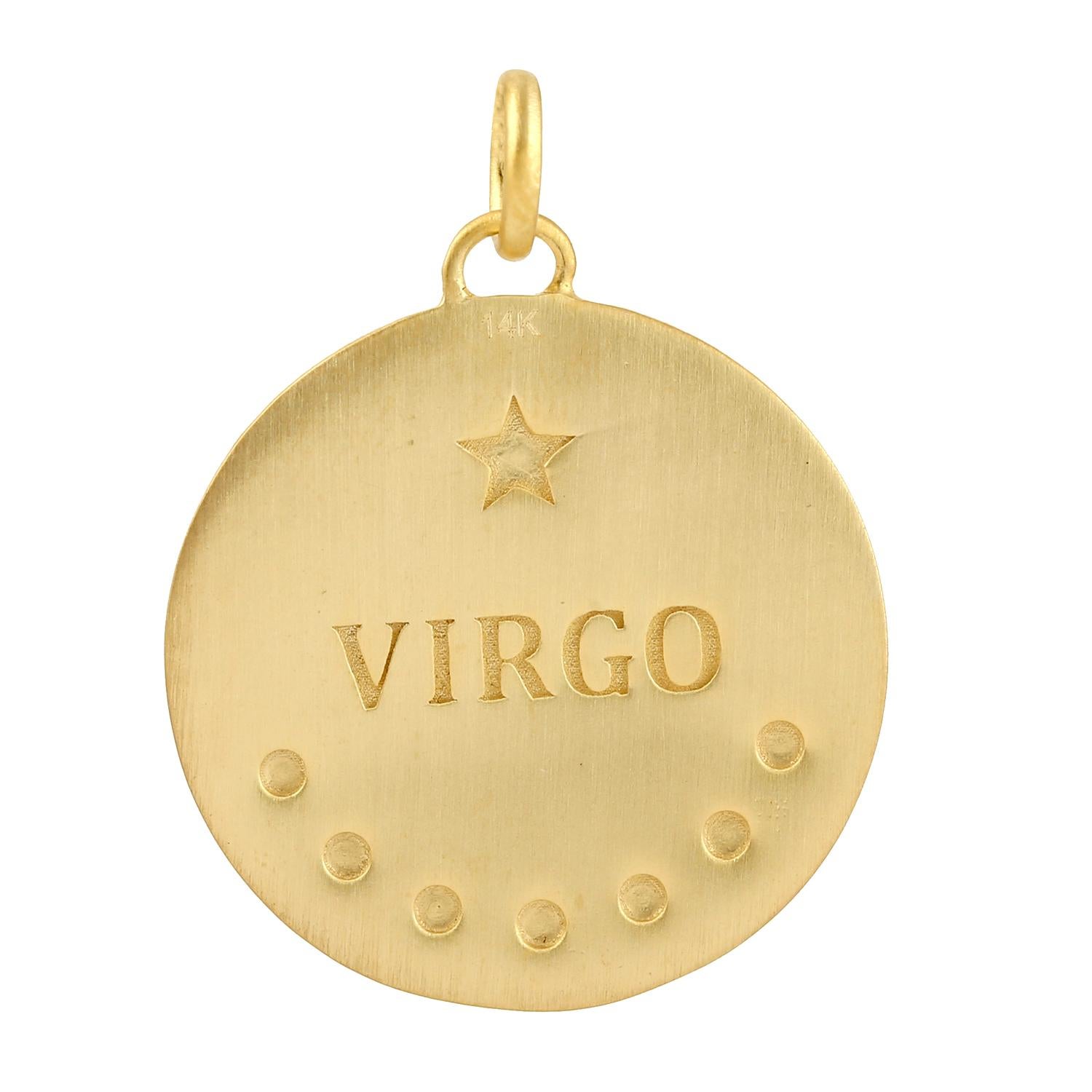 Virgo Zodiac Charm-Anhänger mit natürlichen Pavé-Diamanten aus 14 Karat Gelbgold (Moderne) im Angebot