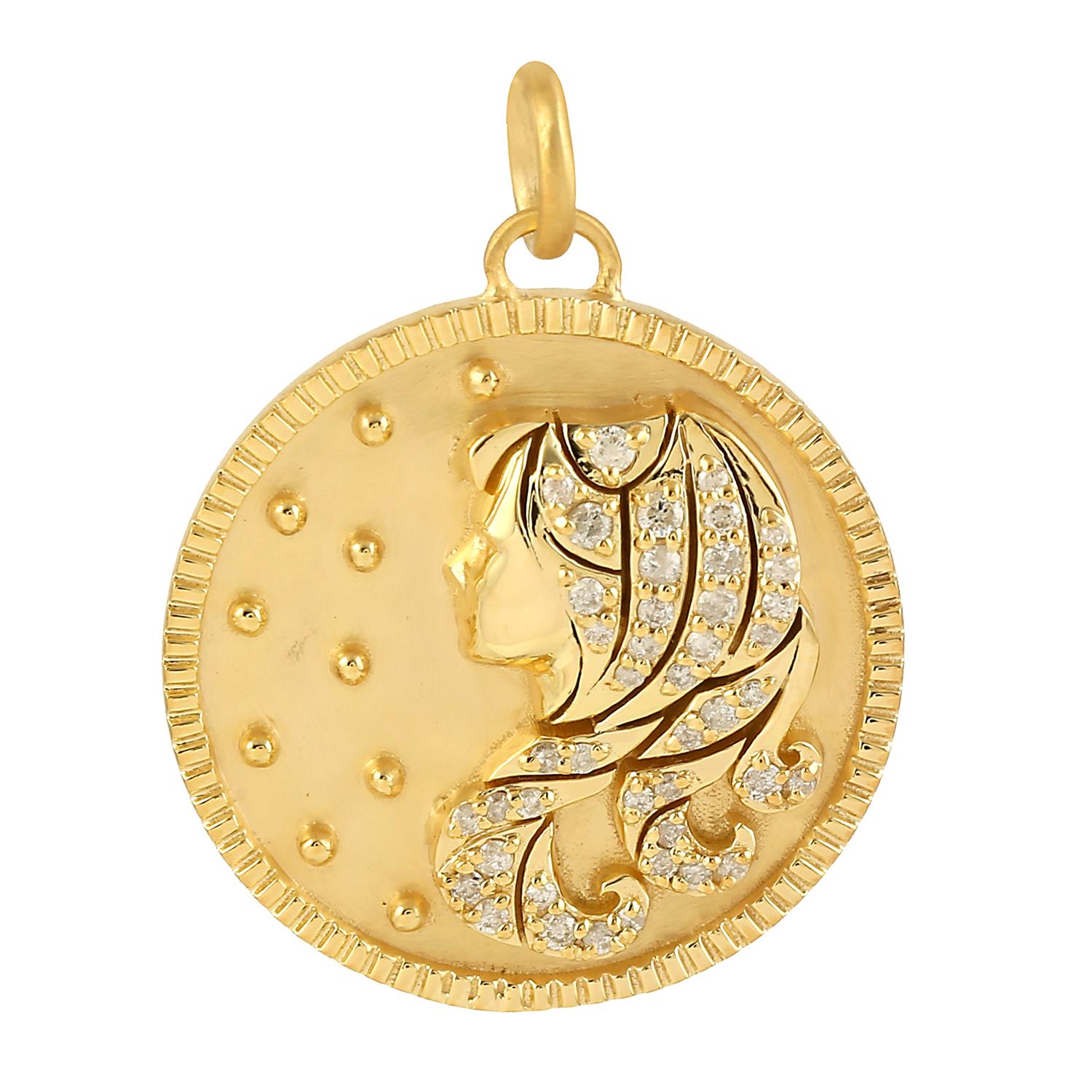 Mixed Cut Virgo Zodiac Charm Pendant with Natural Pave Diamonds Made in 14k Yellow Gold For Sale