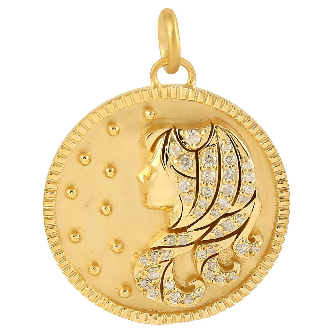 Virgo Zodiac Charm Pendant with Natural Pave Diamonds Made in 14k Yellow Gold For Sale