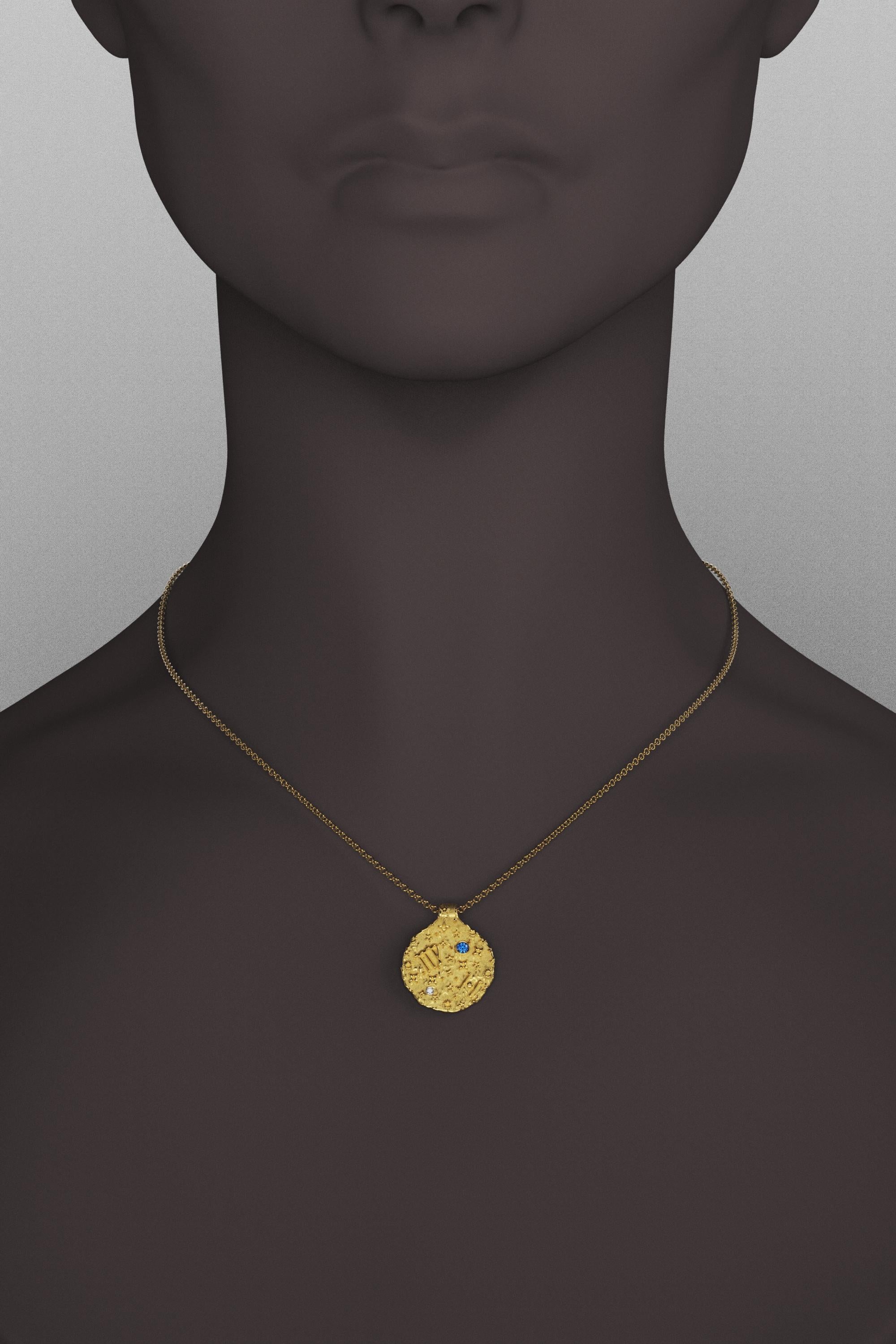 Brilliant Cut Virgo Zodiac Pendant –14K Solid Gold – Astrology Necklace By Oltremare Gioielli For Sale