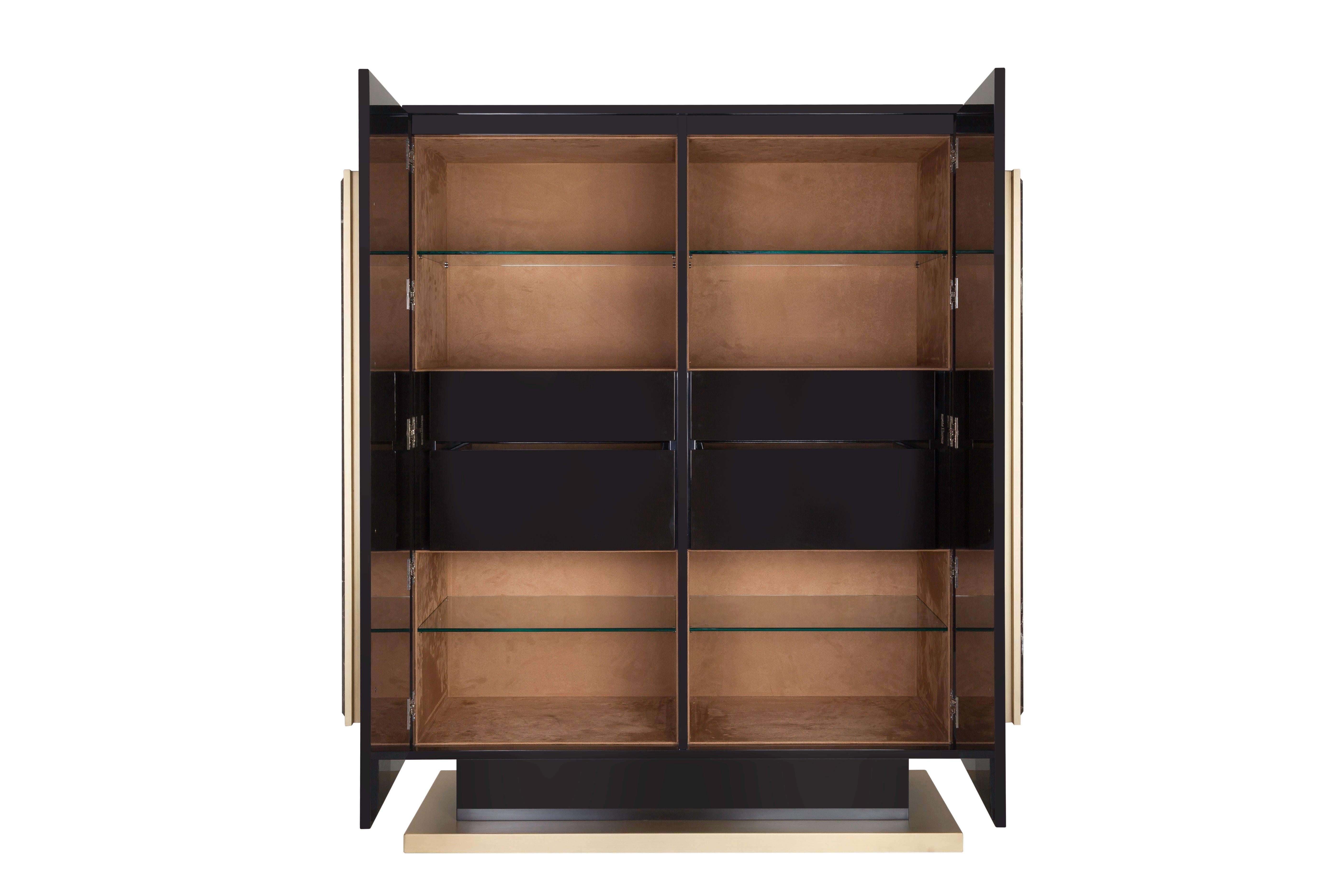 Portuguese VIRIATO Cabinet Glossy Brown with Antique Brass Details and Marble Handles For Sale