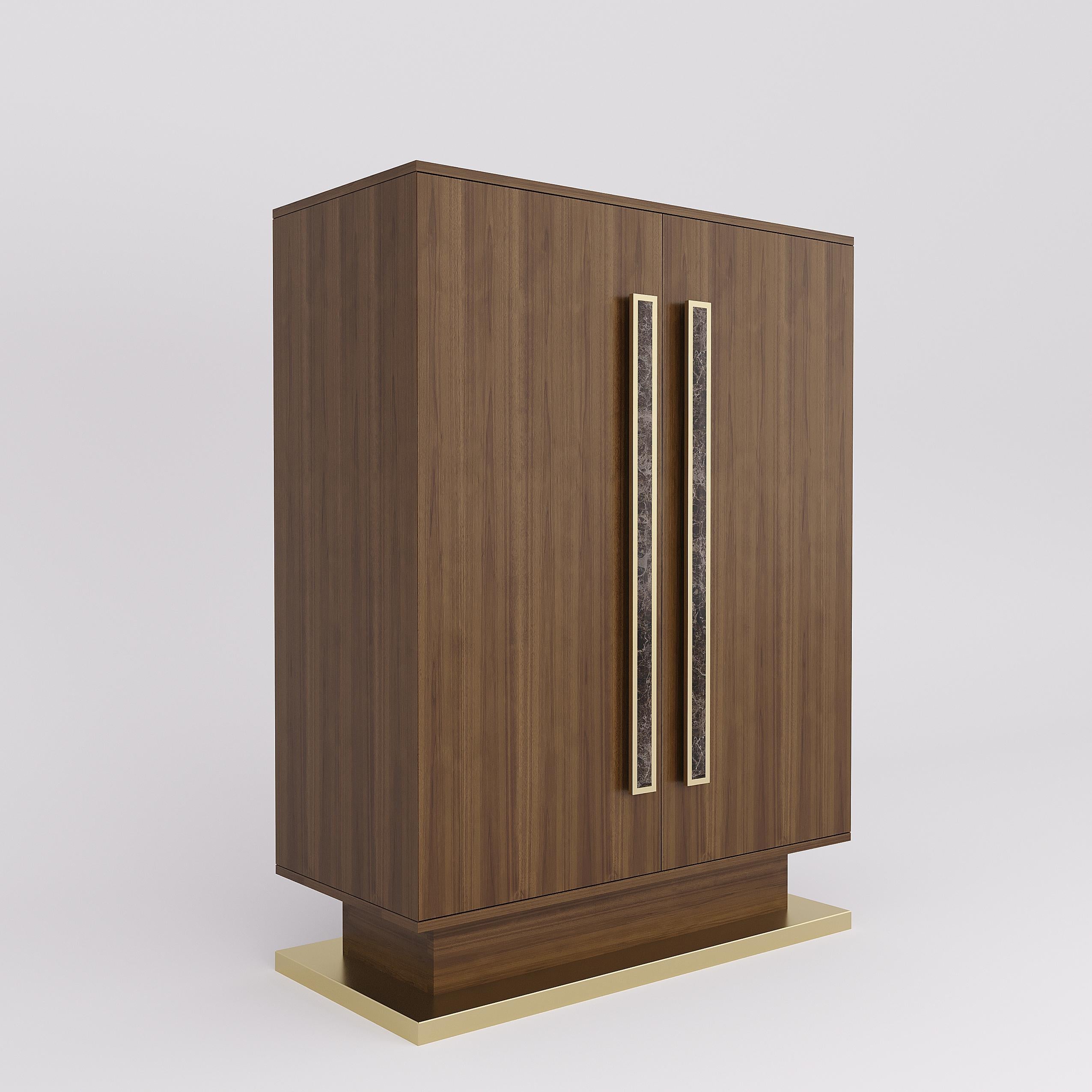 Lacquered VIRIATO Cabinet Glossy Brown with Antique Brass Details and Marble Handles For Sale