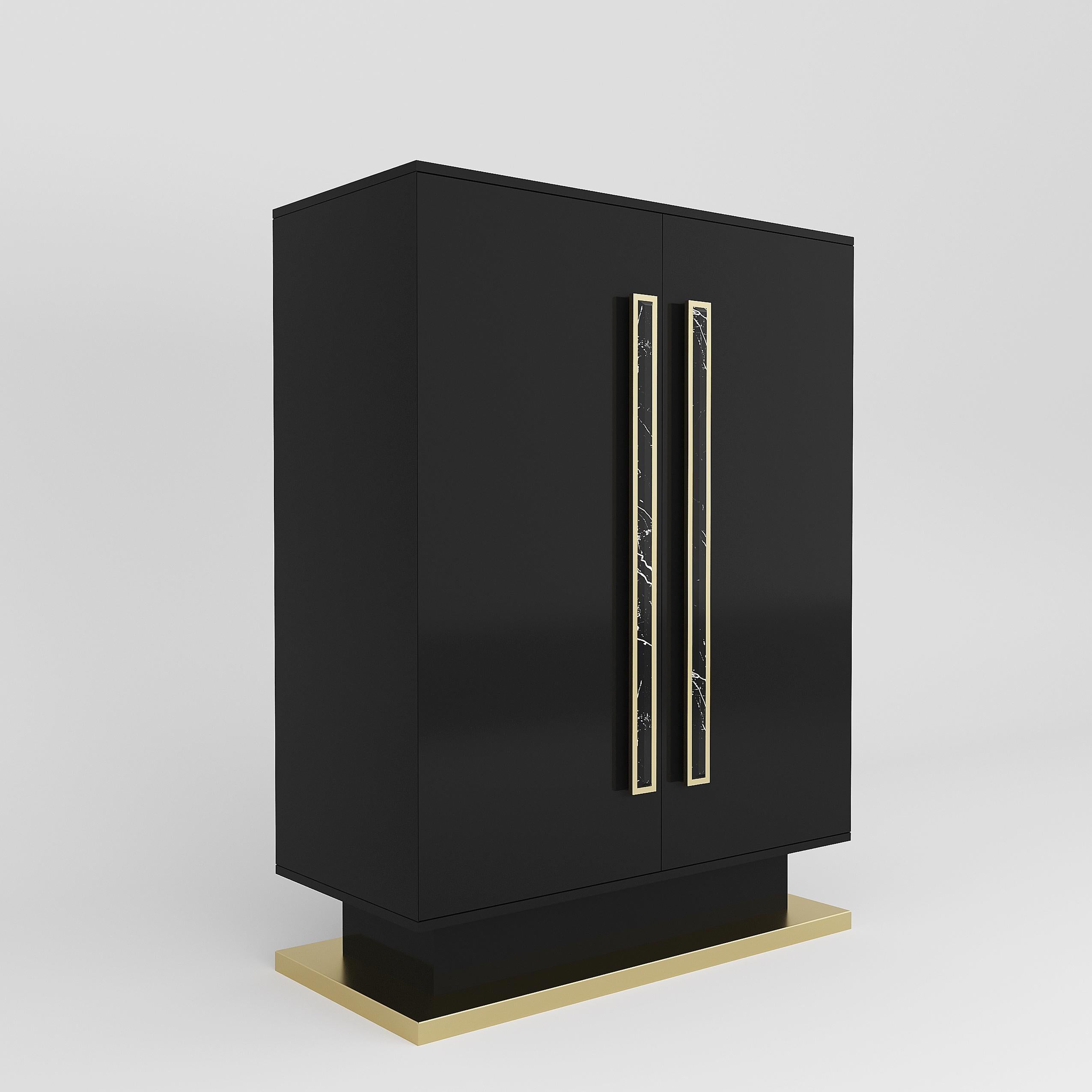 Lacquer VIRIATO Cabinet Glossy Brown with Antique Brass Details and Marble Handles For Sale