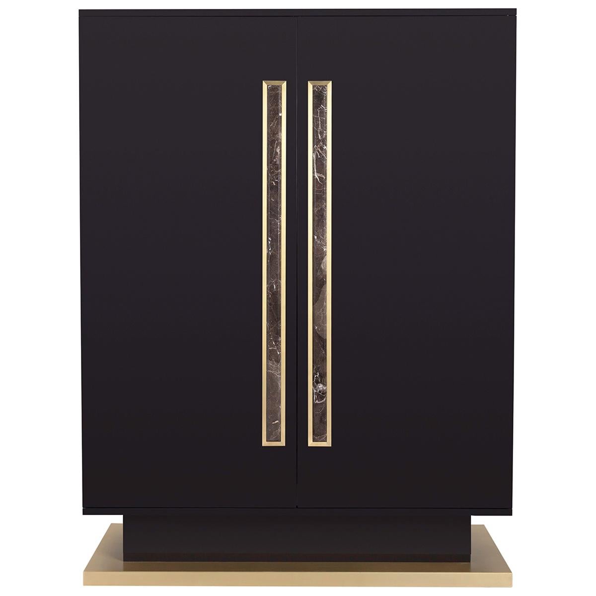 VIRIATO Cabinet Glossy Brown with Antique Brass Details and Marble Handles For Sale