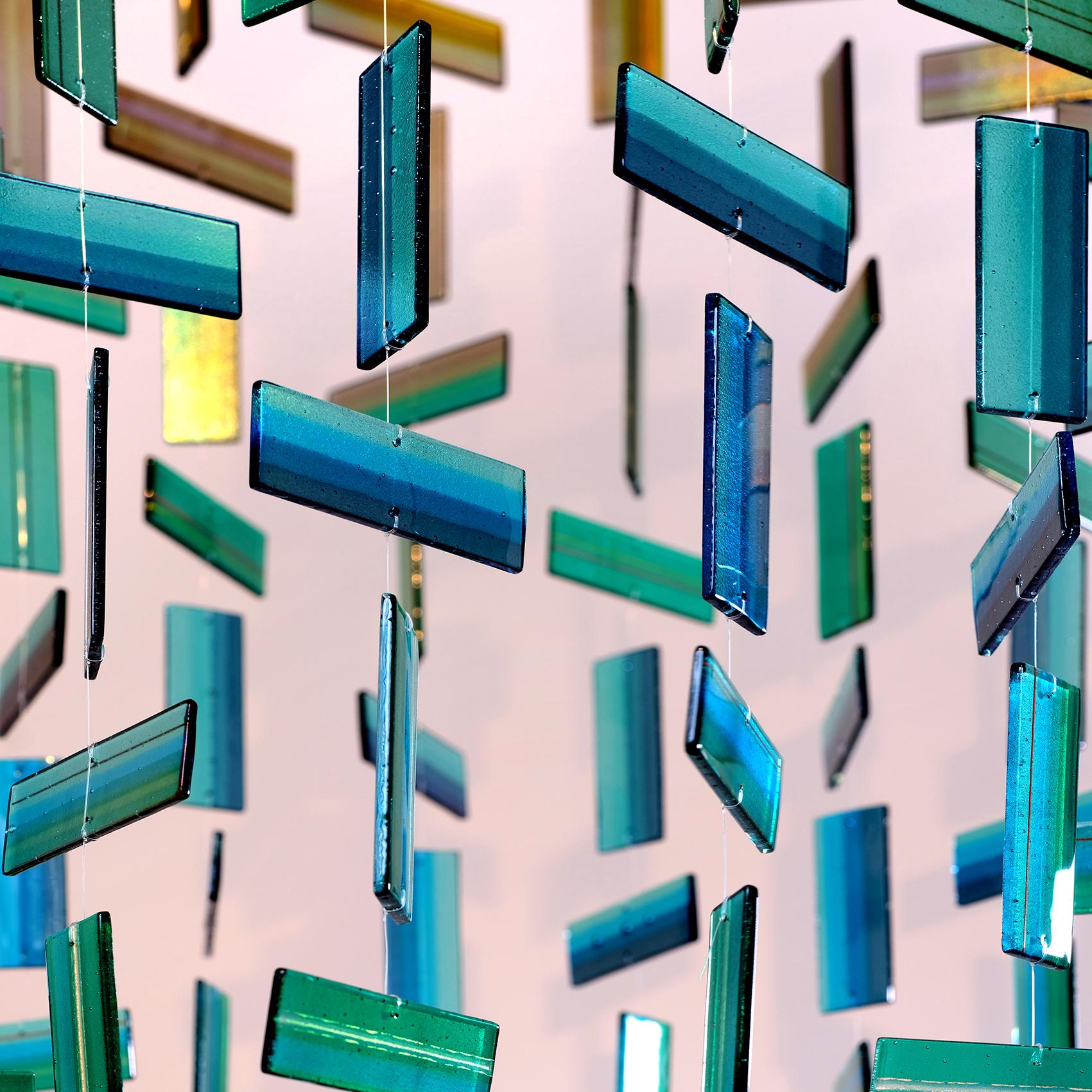 Hand-Crafted Viridian, a Unique Green, Amber and Aqua Glass Hanging Sculpture by Amy Cushing For Sale