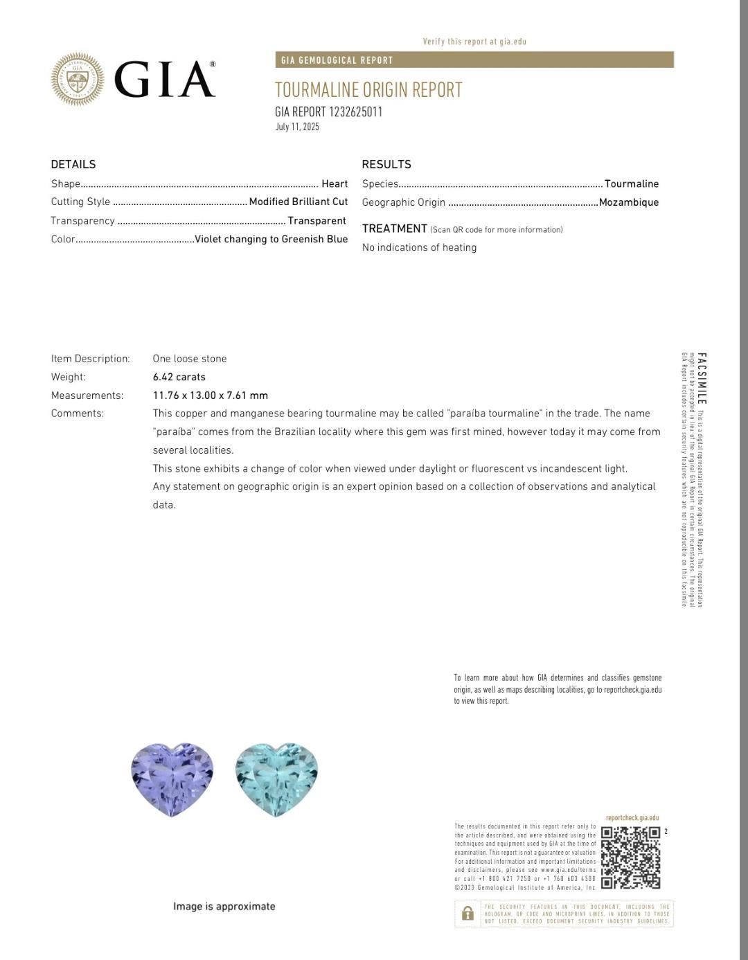 Women's or Men's Virtually Unseen 6.42ct Heart Shape Mozambique Color Change Paraiba Tourmaline For Sale