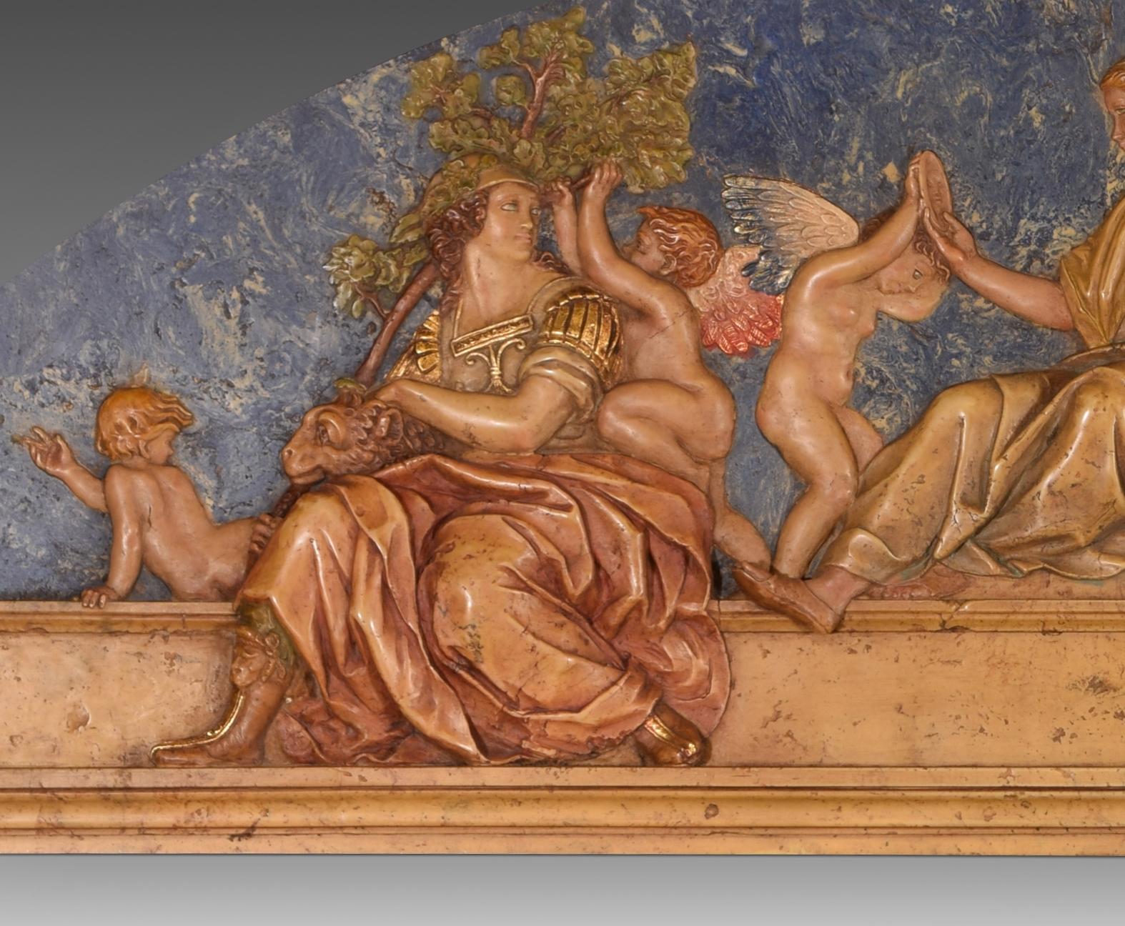 Virtues, relief. Molded and polychrome alabaster. 20th century, Inspired by models by SANZIO, Rafael or Raffaello (1483-1520).
 Relief with figurative decoration made of alabaster molded with polychrome inspired by the fresco of “The Cardinal and
