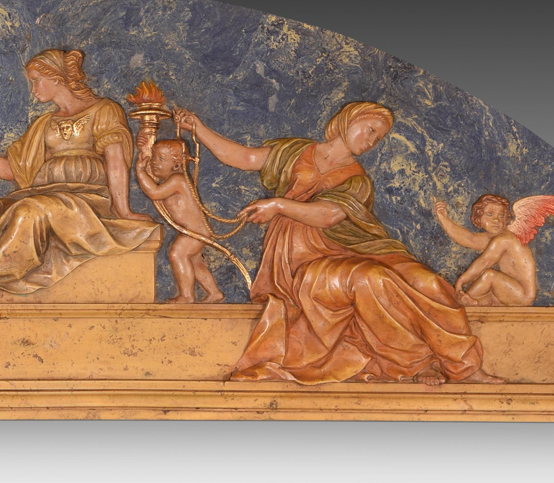 Renaissance Revival Virtues, relief. Molded and polychrome alabaster. 20th century, after Sanzio. For Sale