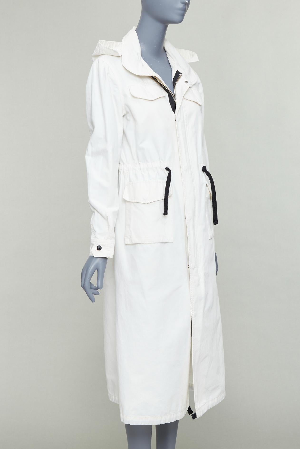 VIS A VIS 2017 white cotton linen black drawstring anorak coat Sz2 In Fair Condition For Sale In Hong Kong, NT