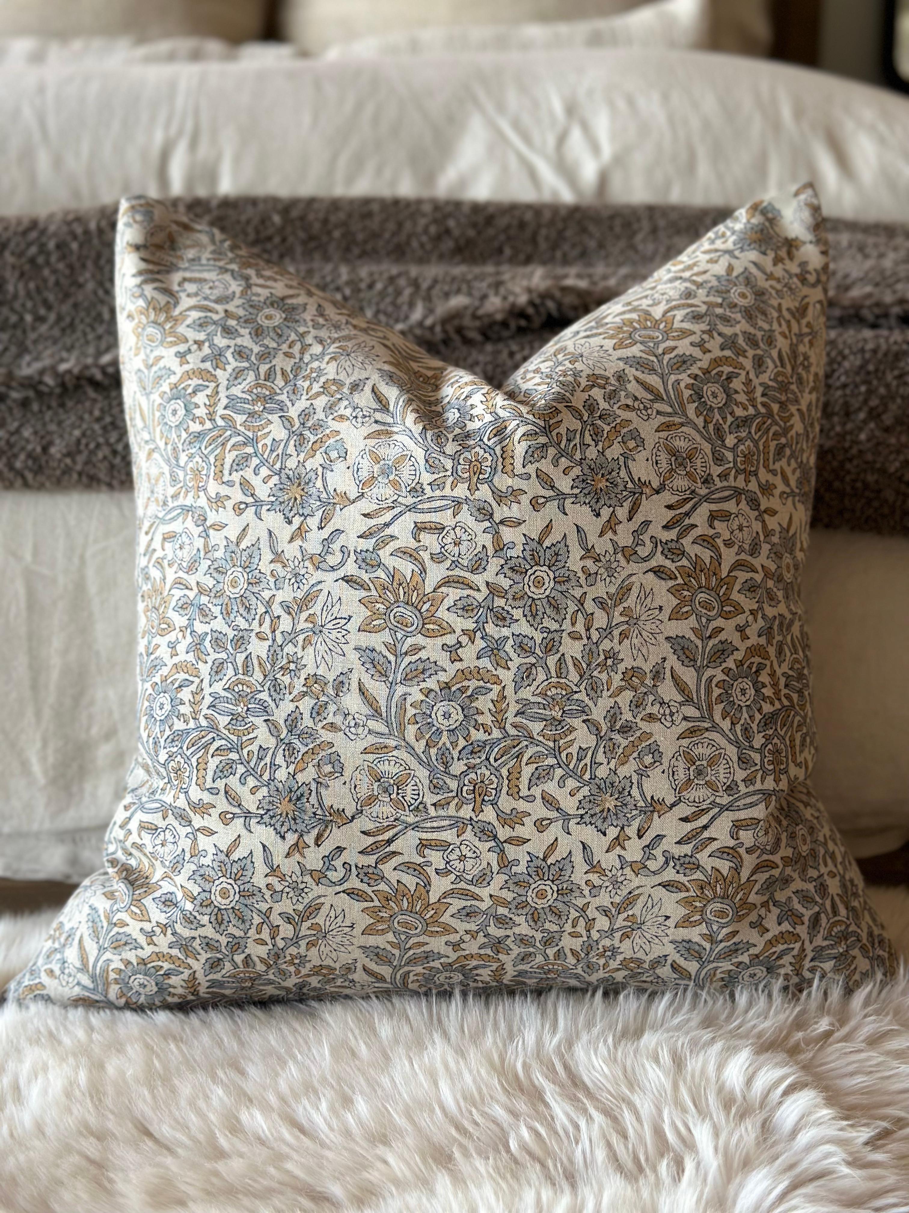 Visalia Block Printed Linen Pillow with Down Feather Insert In New Condition For Sale In Brea, CA