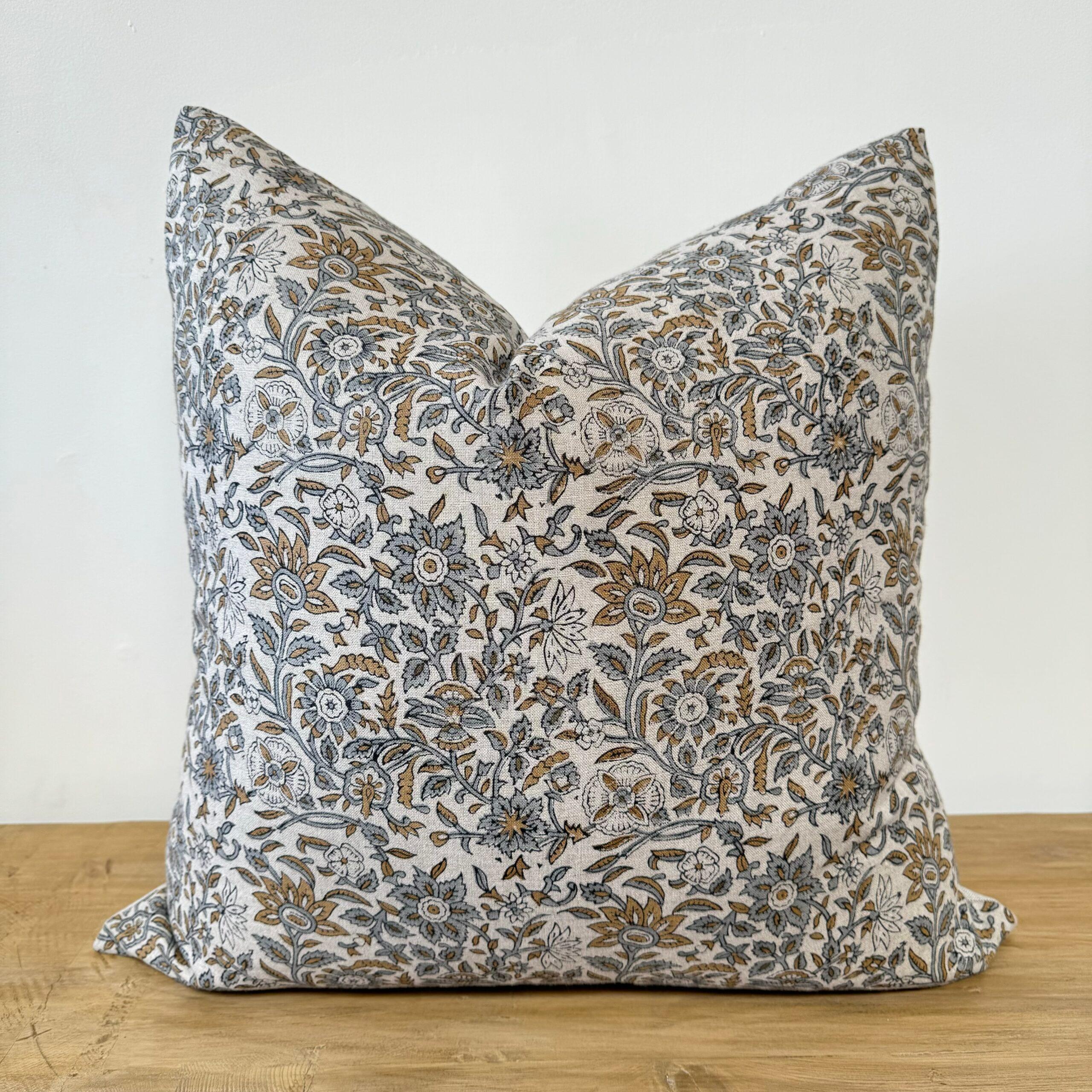 Visalia Block Printed Linen Pillow with Down Feather Insert For Sale 2