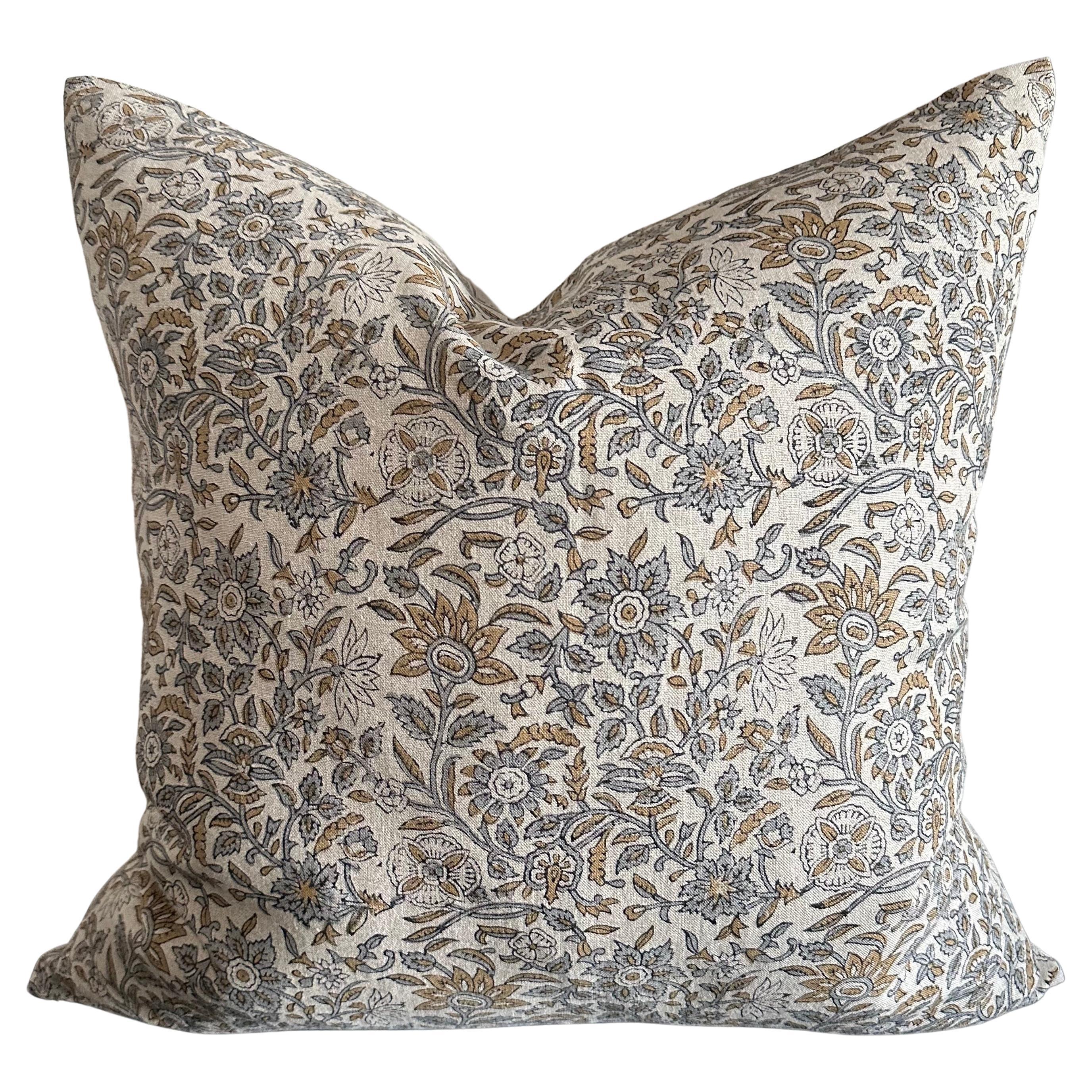 Visalia Block Printed Linen Pillow with Down Feather Insert For Sale