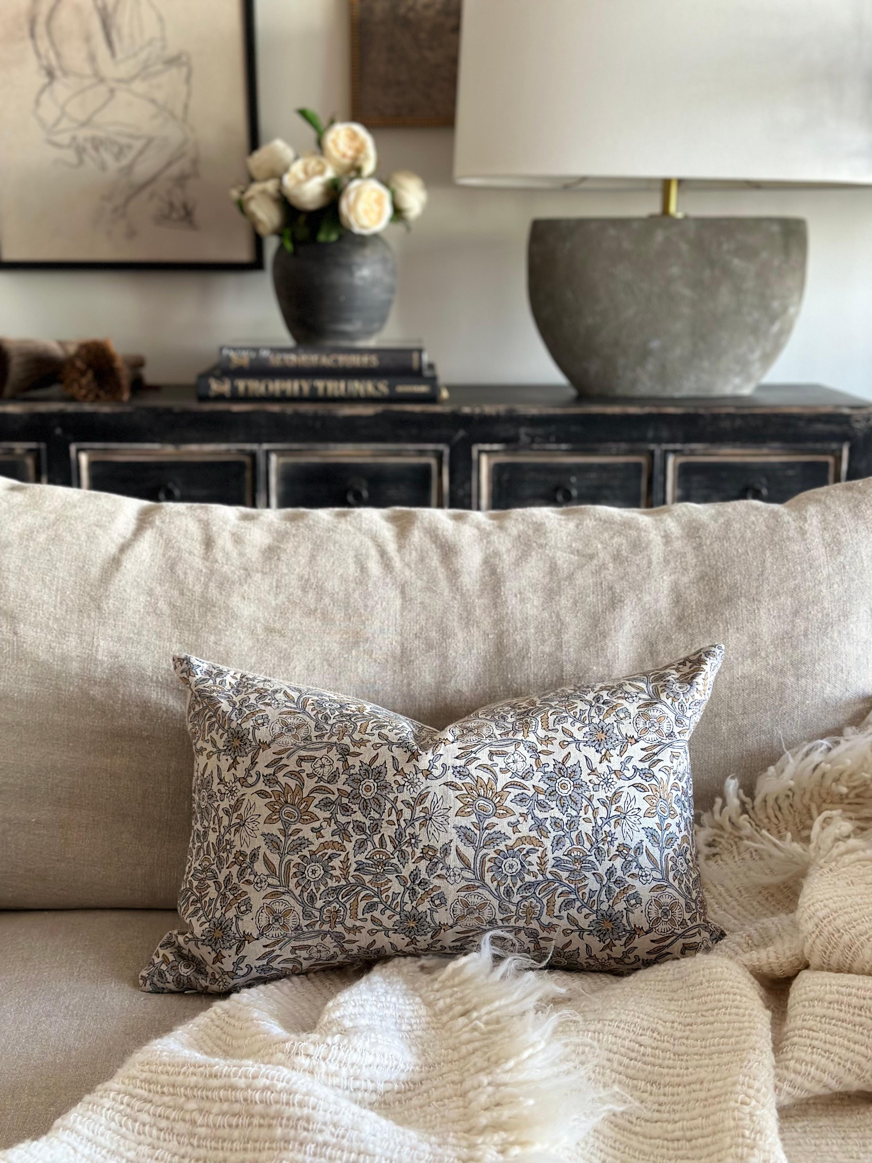 Our latest collection of beautiful hand blocked and linen pillows can be arranged to create beauty and bring a pop of color to your room while adding softness!   This item is made to order and can vary in lead times.
Includes a feather down