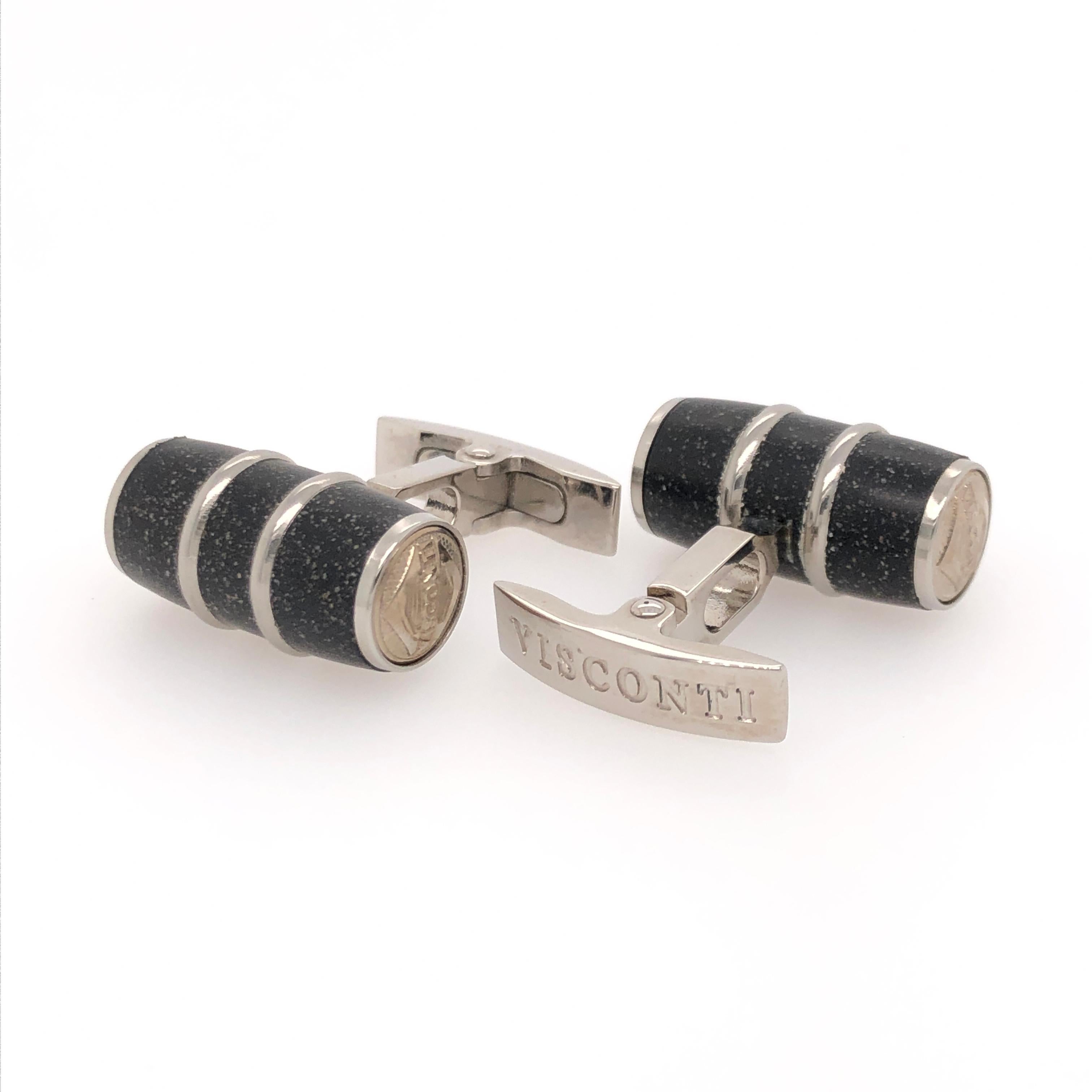 These simple barrel shaped steel cufflinks from Visconti are for everyday wear. Black and steel are a classic combination that increases the cufflinks' versatility. 
  
