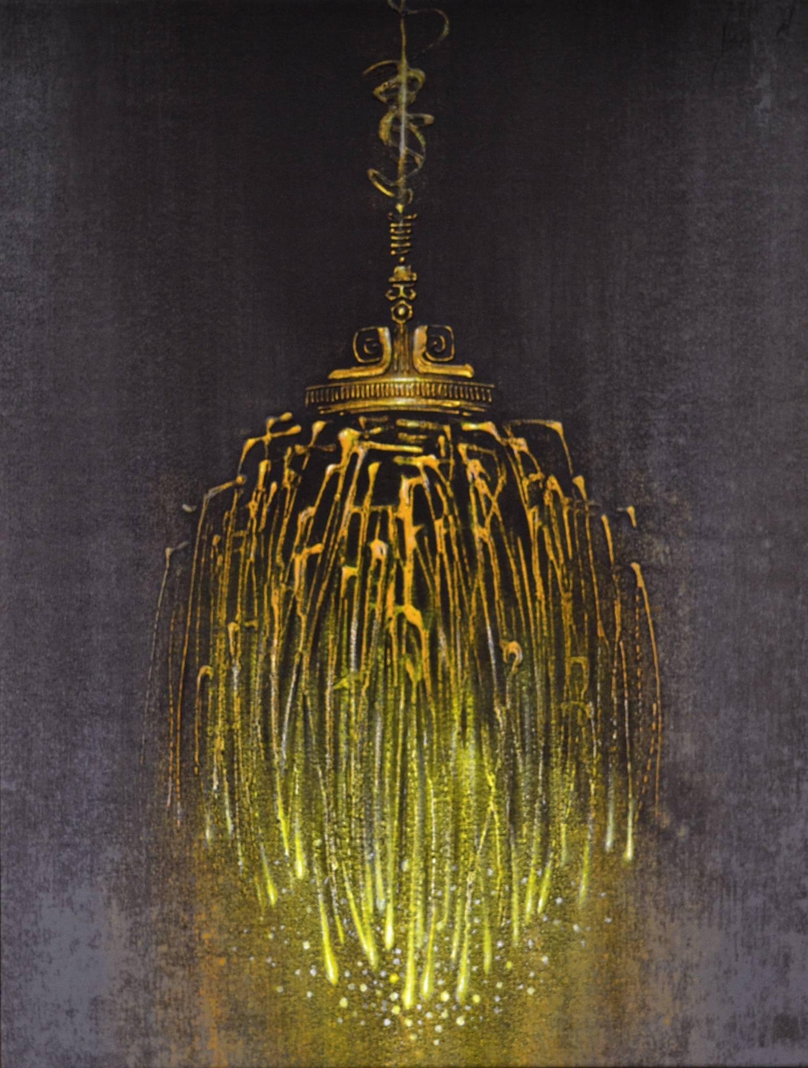 Vishal Joshi Interior Painting - Chandelier, Abstract, Acrylic Painting, Grey, Yellow, Gold colors "In Stock"
