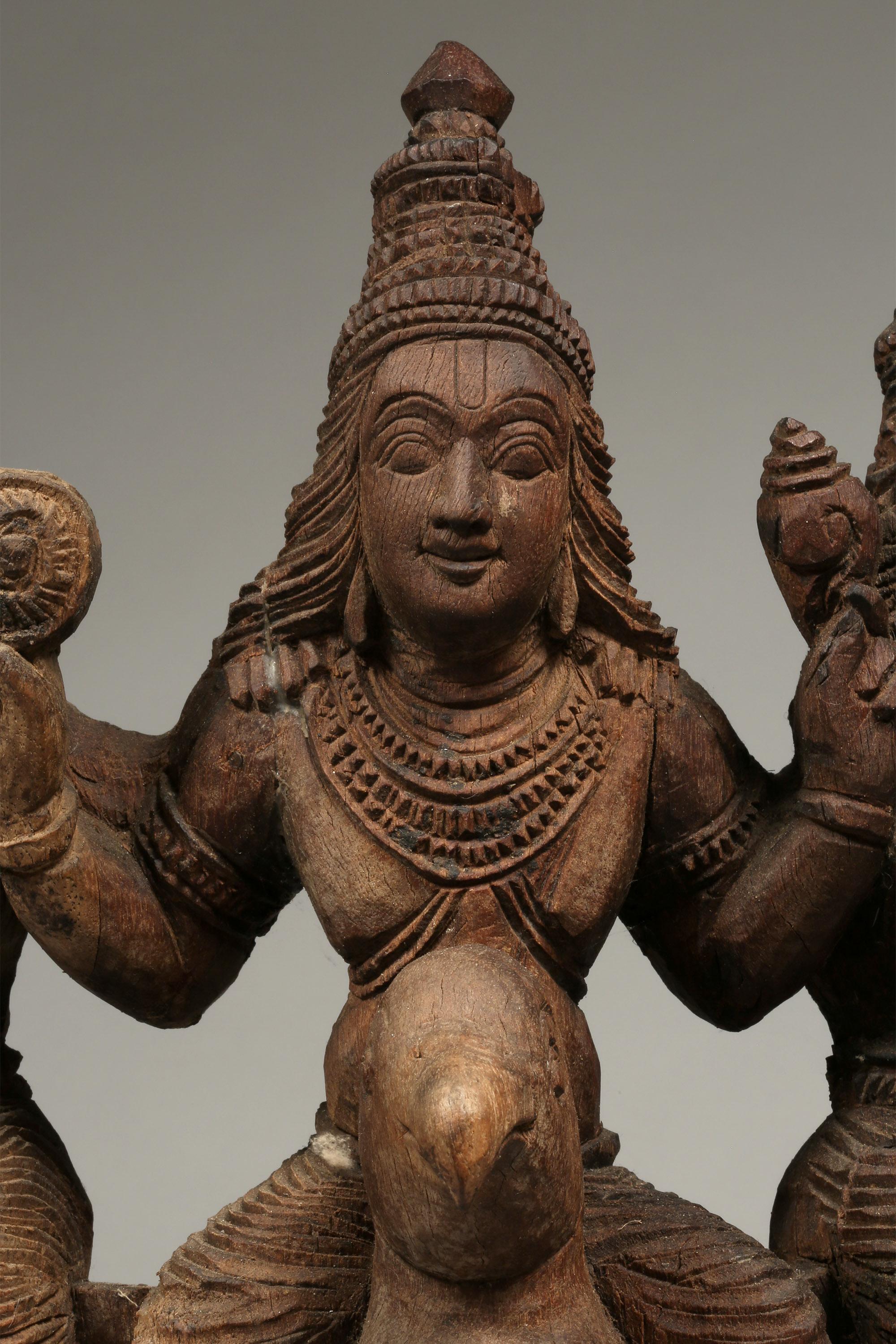 Hand-Carved Vishnu on Peacock with Attendants, South India, Early to Mid-20th Century