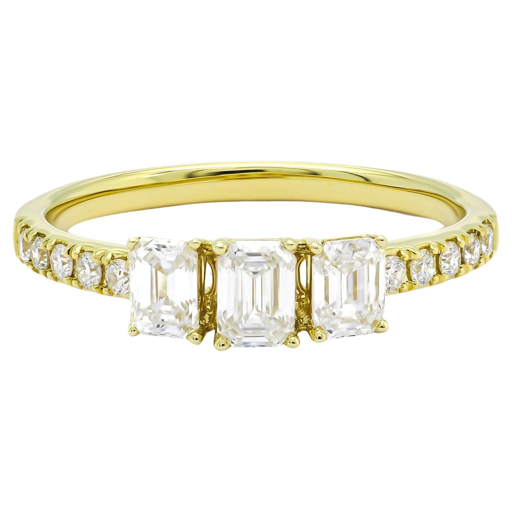  Natural Diamonds 0.80 CT 18KT Yellow Gold Emerald Cut Trilogy Anniversary Ring 