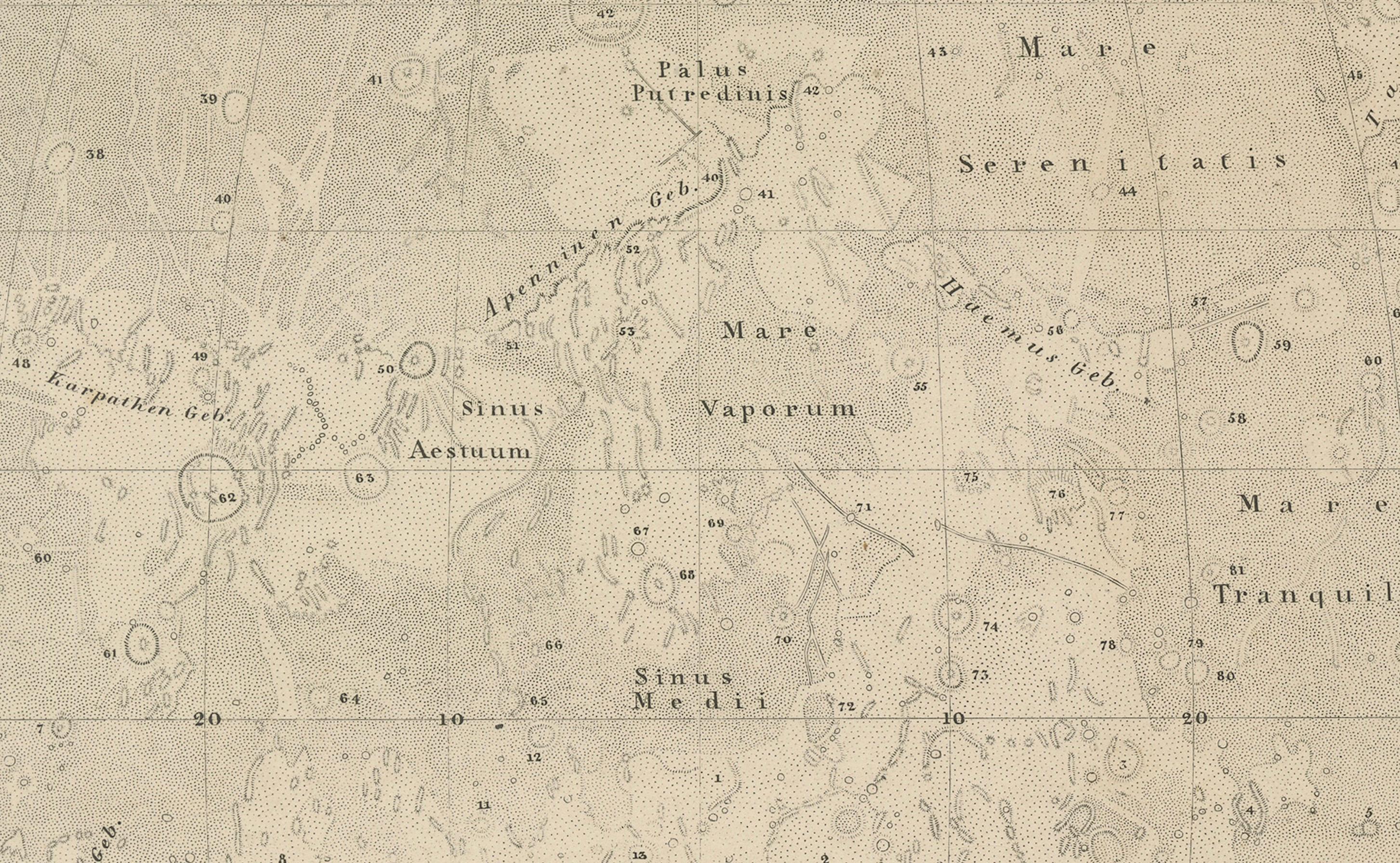 Visible Side of the Moon Map – Detailed Lunar Crater Chart, Published in 1858 For Sale 3