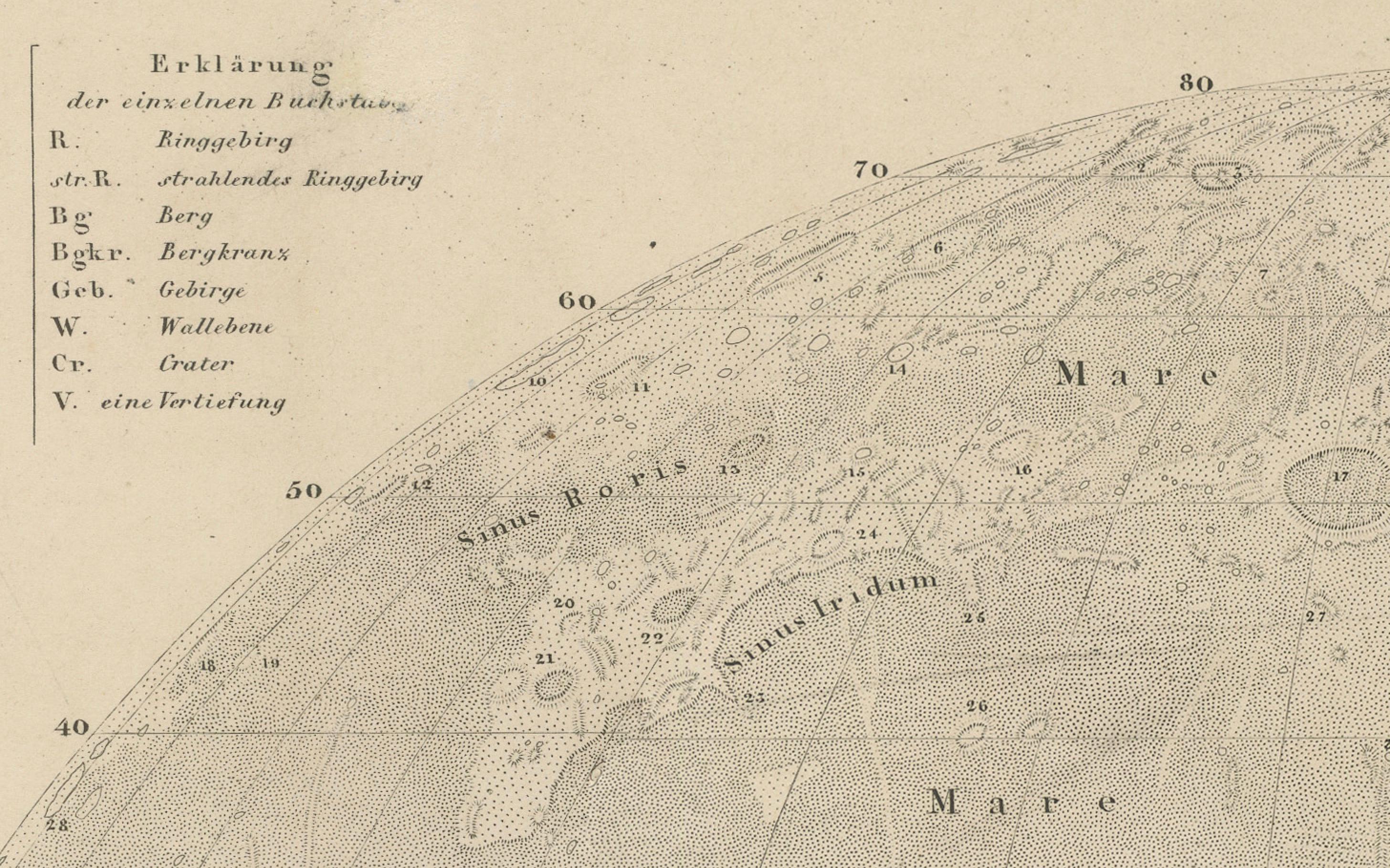 Visible Side of the Moon Map – Detailed Lunar Crater Chart 1858

This fascinating antique print shows the visible side of the moon with incredible precision and detail. It depicts the lunar surface under full illumination, featuring named craters,