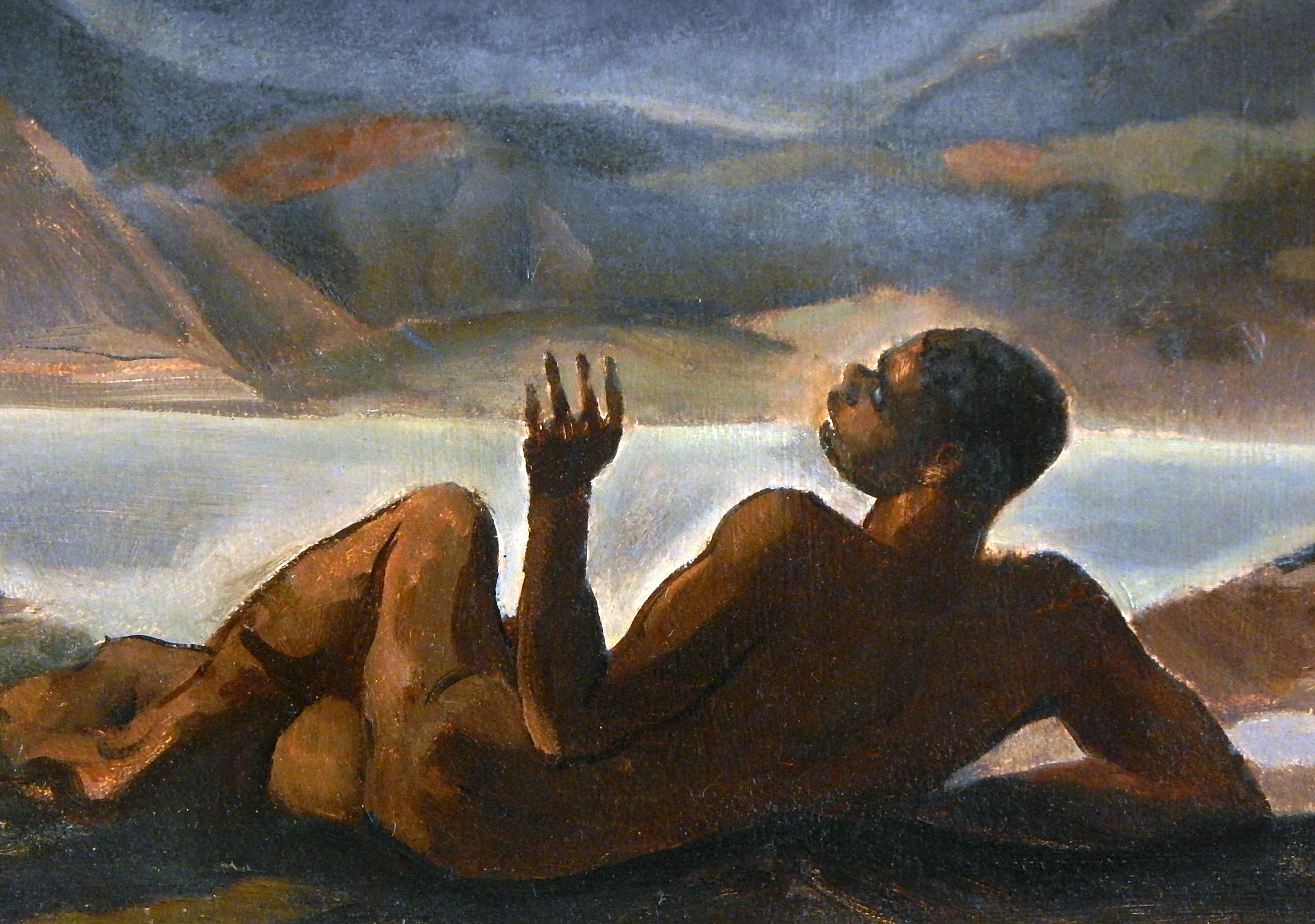 Although not signed, this brilliant scene of a nude black male figure, marvelling at a vision of angels in the heaven from his position on the ground below, is reminiscent of the early work of African American artists such as Robert Neal, James Amos